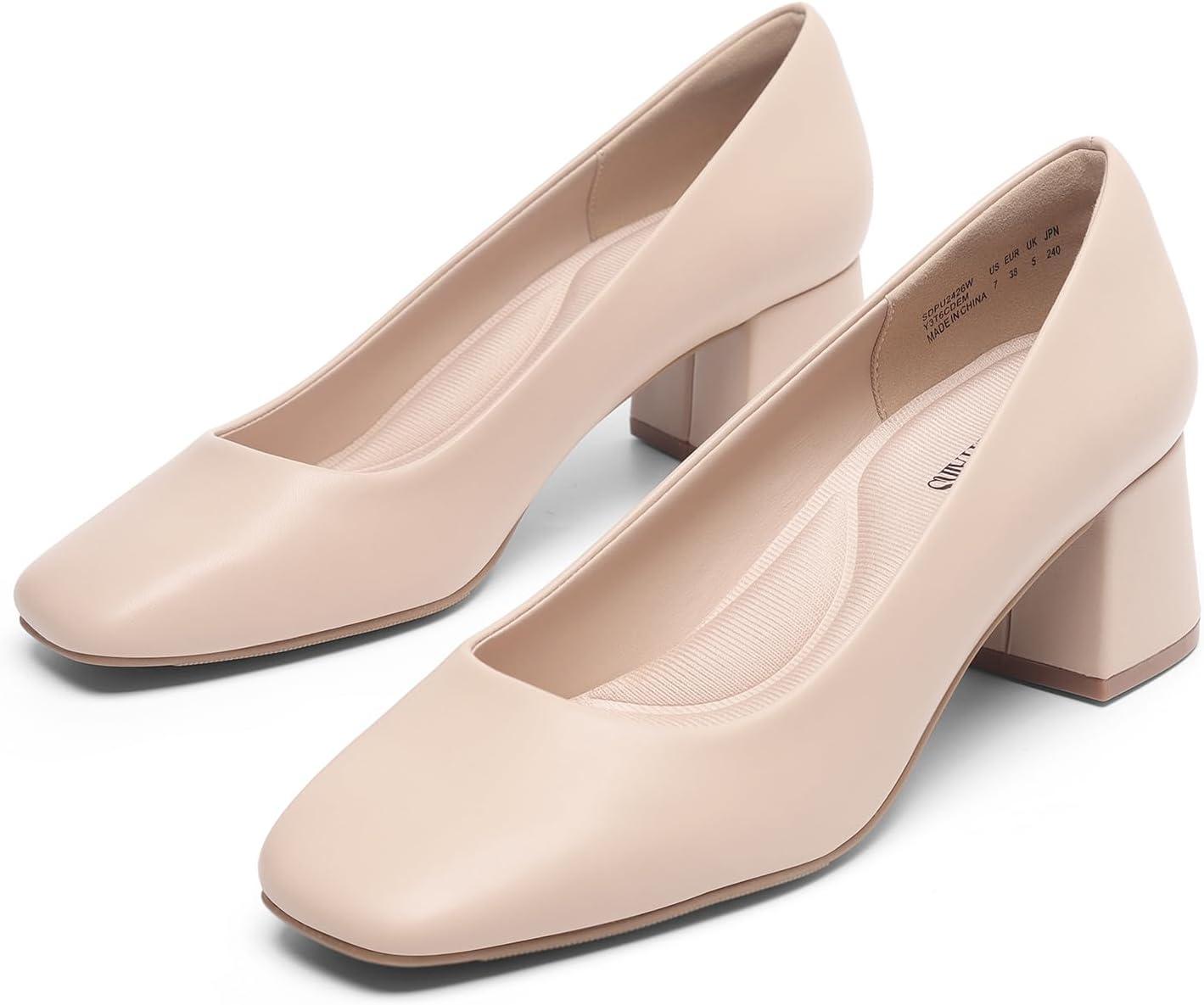 imageDREAM PAIRS Womens Low Chunky Heels Square Toe Pumps Comfortable Slip On Dress Shoes Wedding Party Office ShoesNude