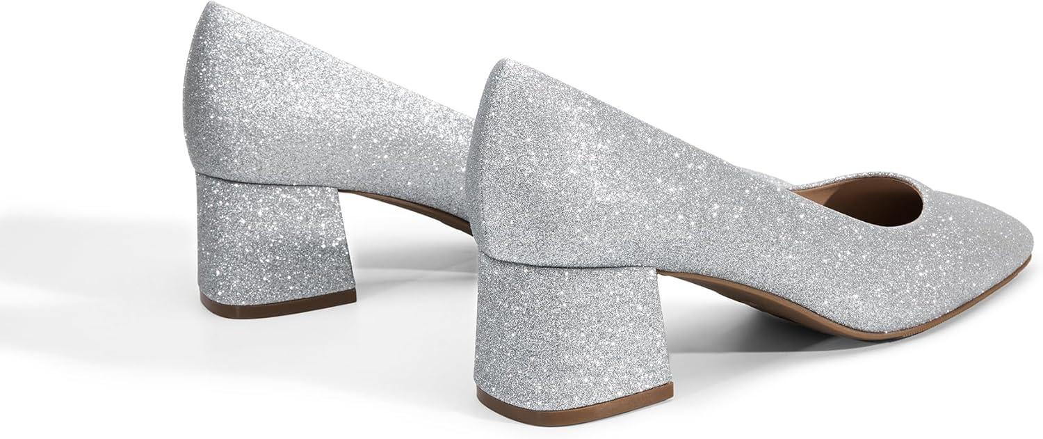 imageDREAM PAIRS Womens Low Chunky Heels Square Toe Pumps Comfortable Slip On Dress Shoes Wedding Party Office ShoesSilverglitter