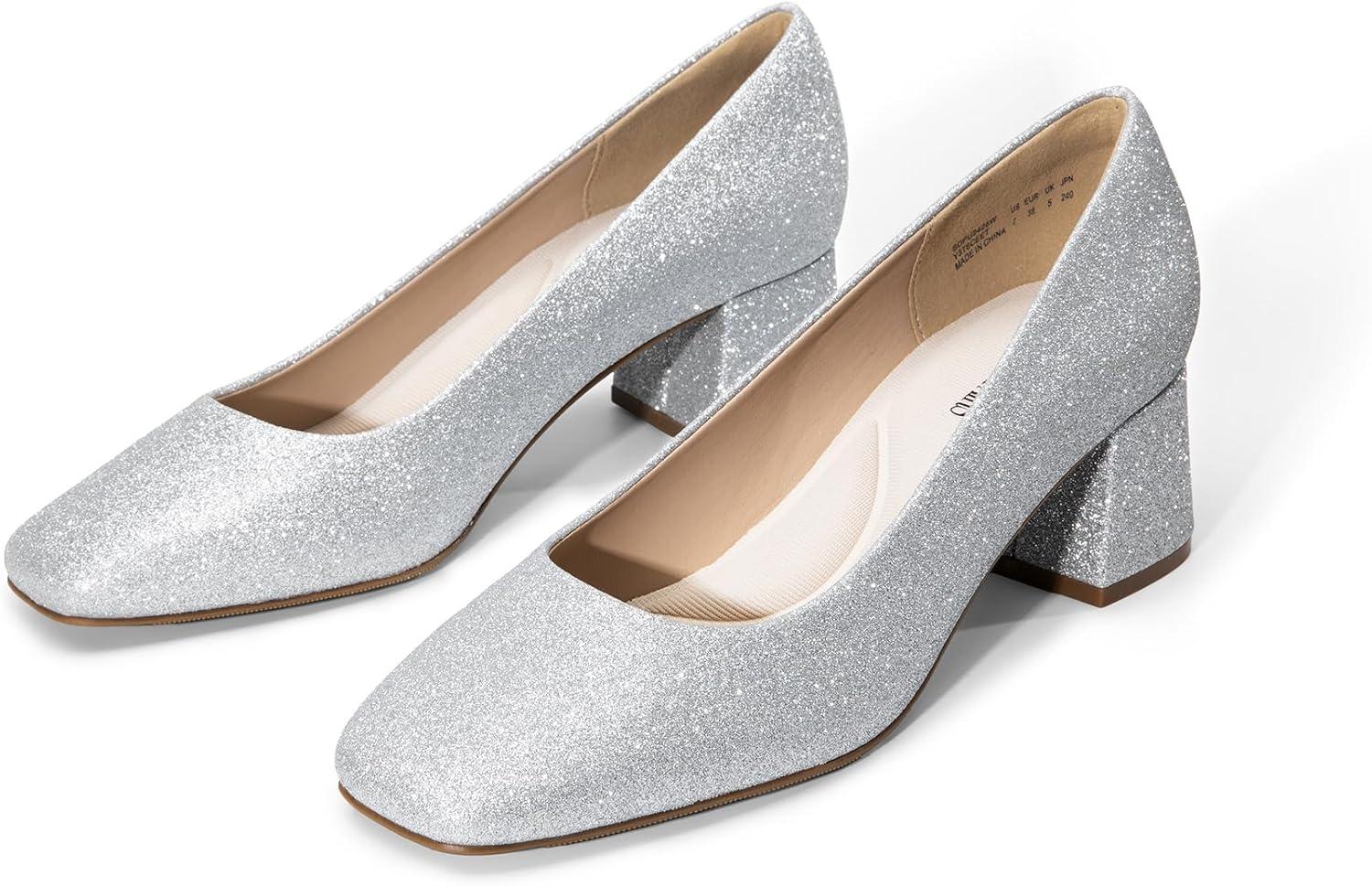 imageDREAM PAIRS Womens Low Chunky Heels Square Toe Pumps Comfortable Slip On Dress Shoes Wedding Party Office ShoesSilverglitter