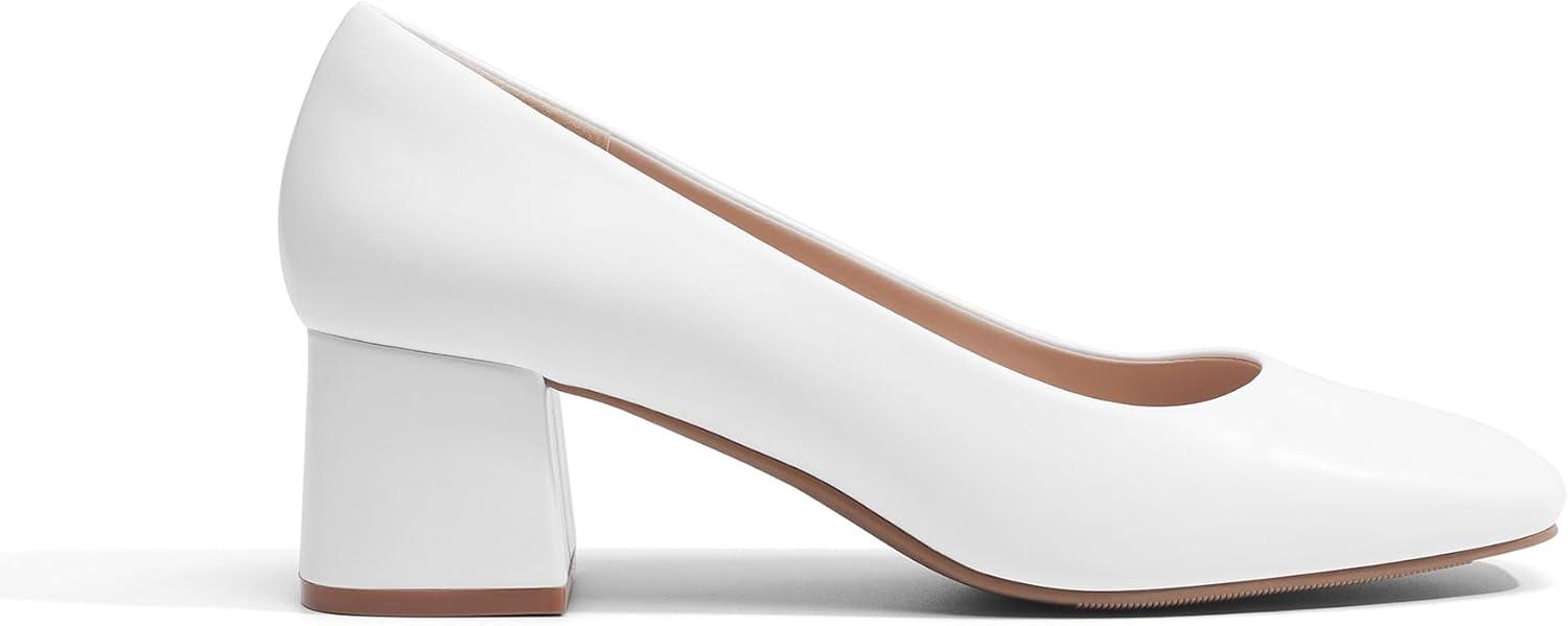 imageDREAM PAIRS Womens Low Chunky Heels Square Toe Pumps Comfortable Slip On Dress Shoes Wedding Party Office ShoesWhite