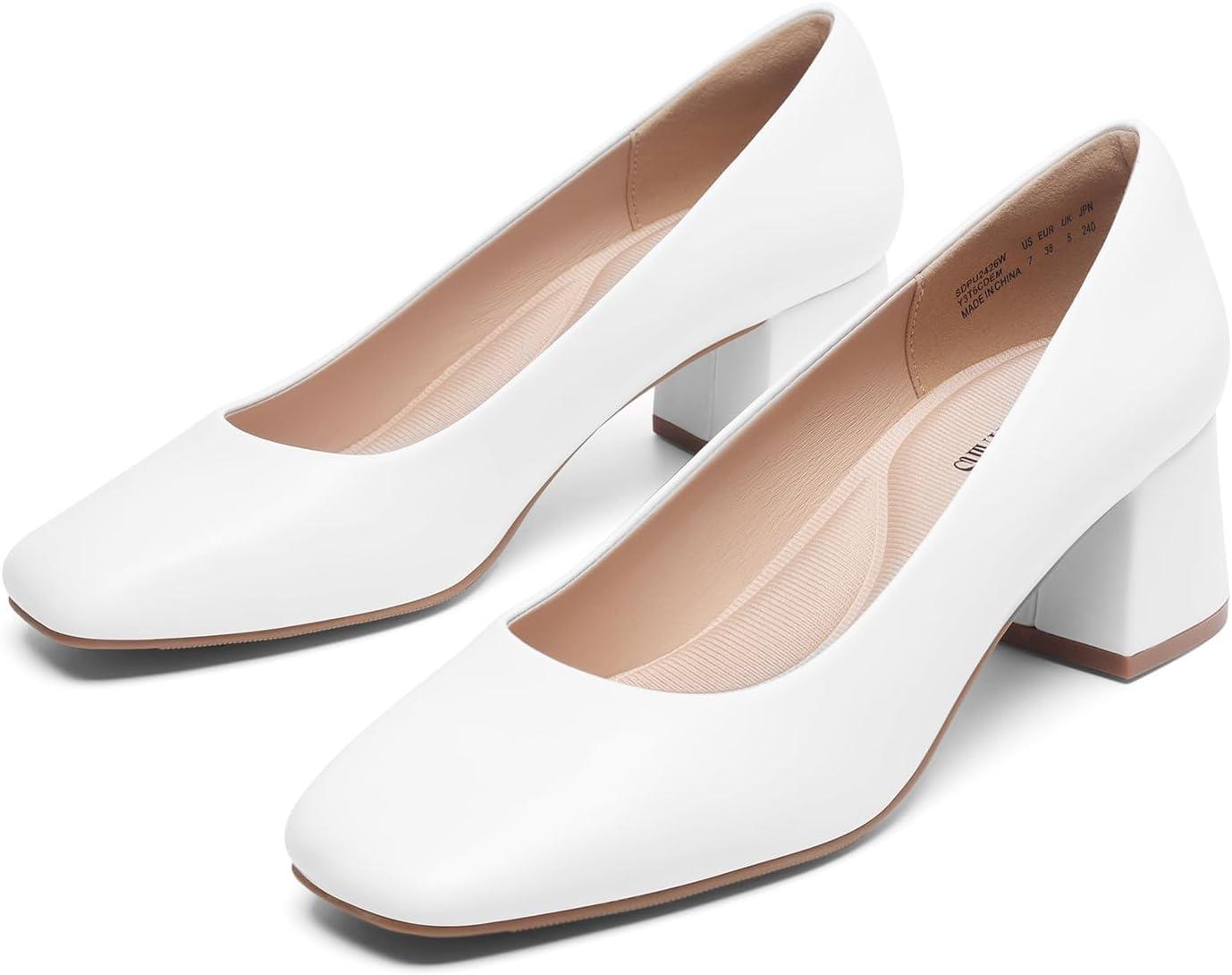 imageDREAM PAIRS Womens Low Chunky Heels Square Toe Pumps Comfortable Slip On Dress Shoes Wedding Party Office ShoesWhite