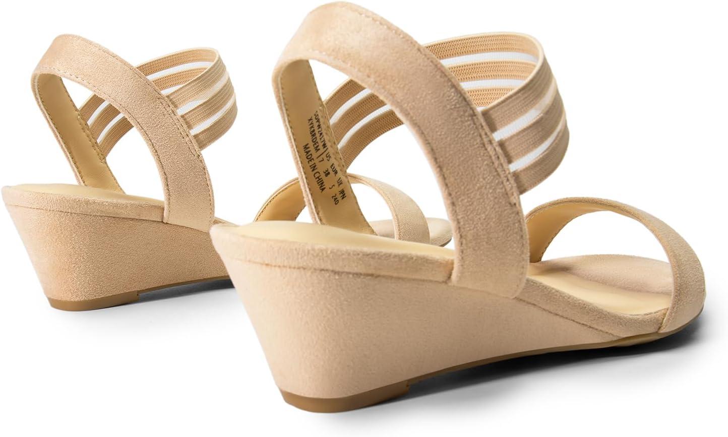 imageDREAM PAIRS Womens Low Heel Wedge Sandals Comfortable SlipOn Elastic Ankle Strap Summer Business Casual Dress ShoesNudesuede