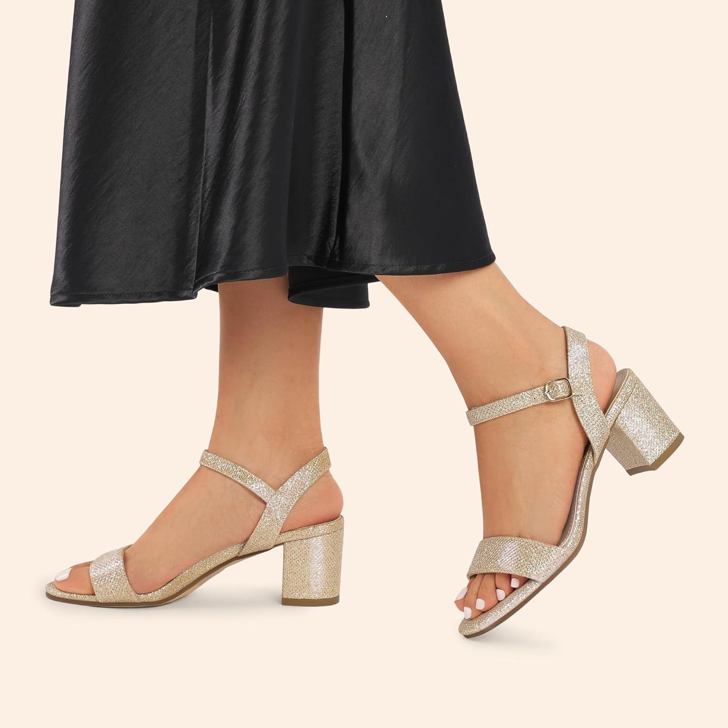 imageDREAM PAIRS Womens Low Heels Block Open Toe Ankle Strap Classic Short Chunky Sandals with Buckle for Daily Work Wedding PartyGoldglitter