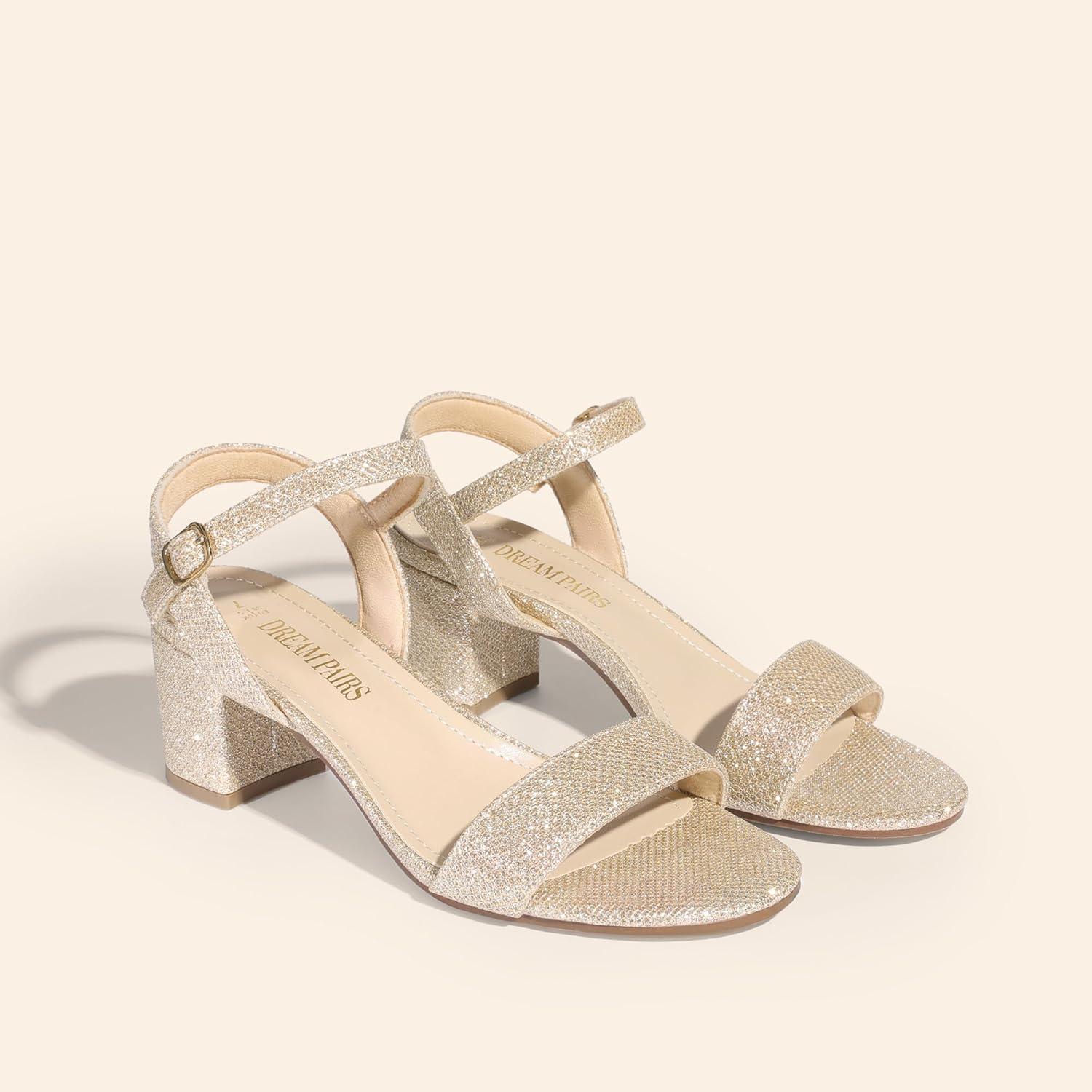 imageDREAM PAIRS Womens Low Heels Block Open Toe Ankle Strap Classic Short Chunky Sandals with Buckle for Daily Work Wedding PartyGoldglitter