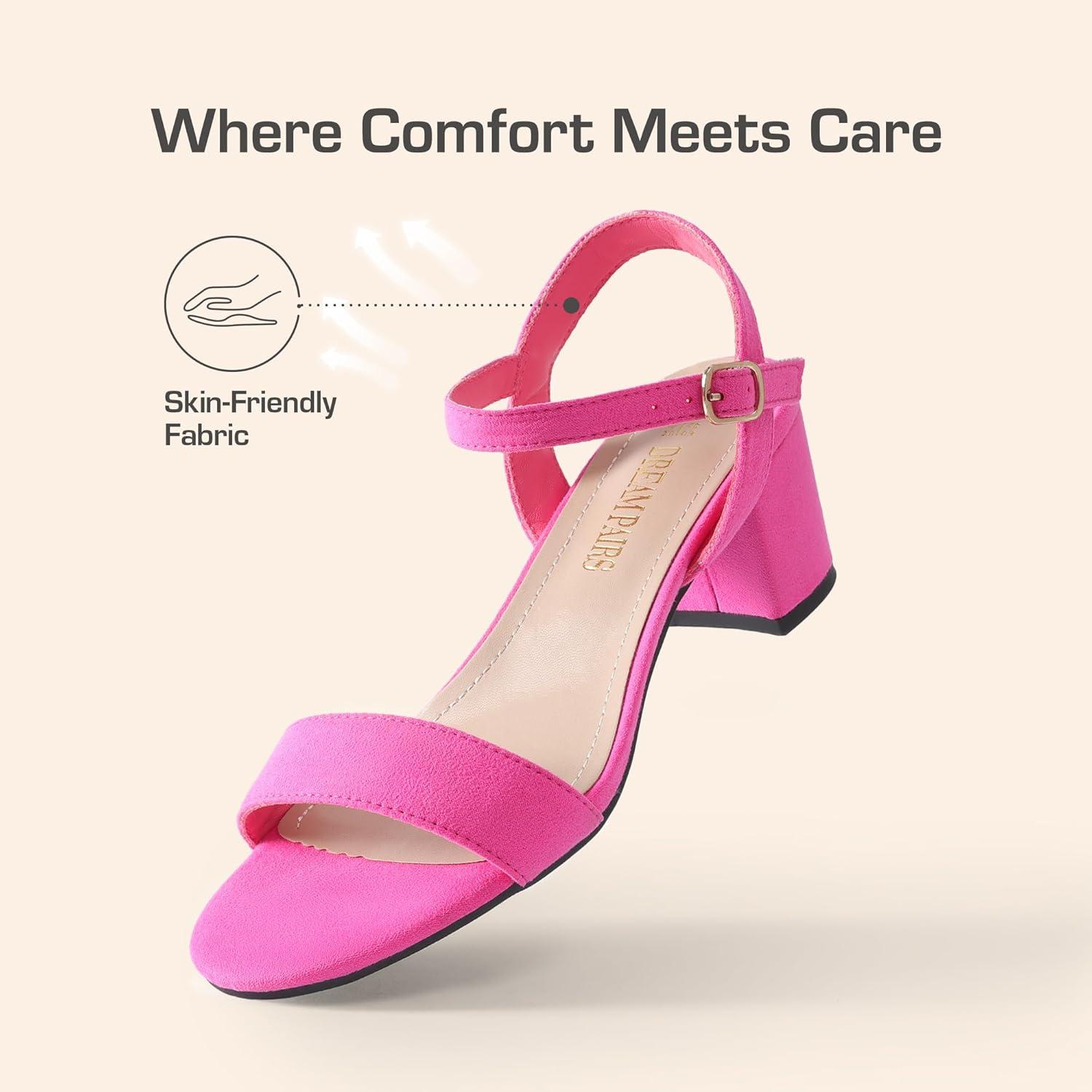 imageDREAM PAIRS Womens Low Heels Block Open Toe Ankle Strap Classic Short Chunky Sandals with Buckle for Daily Work Wedding PartyHot Pinksuede