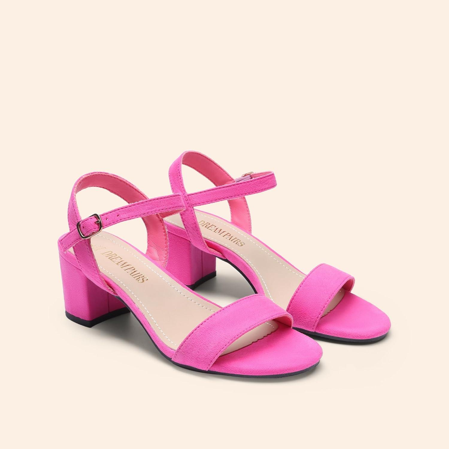 imageDREAM PAIRS Womens Low Heels Block Open Toe Ankle Strap Classic Short Chunky Sandals with Buckle for Daily Work Wedding PartyHot Pinksuede