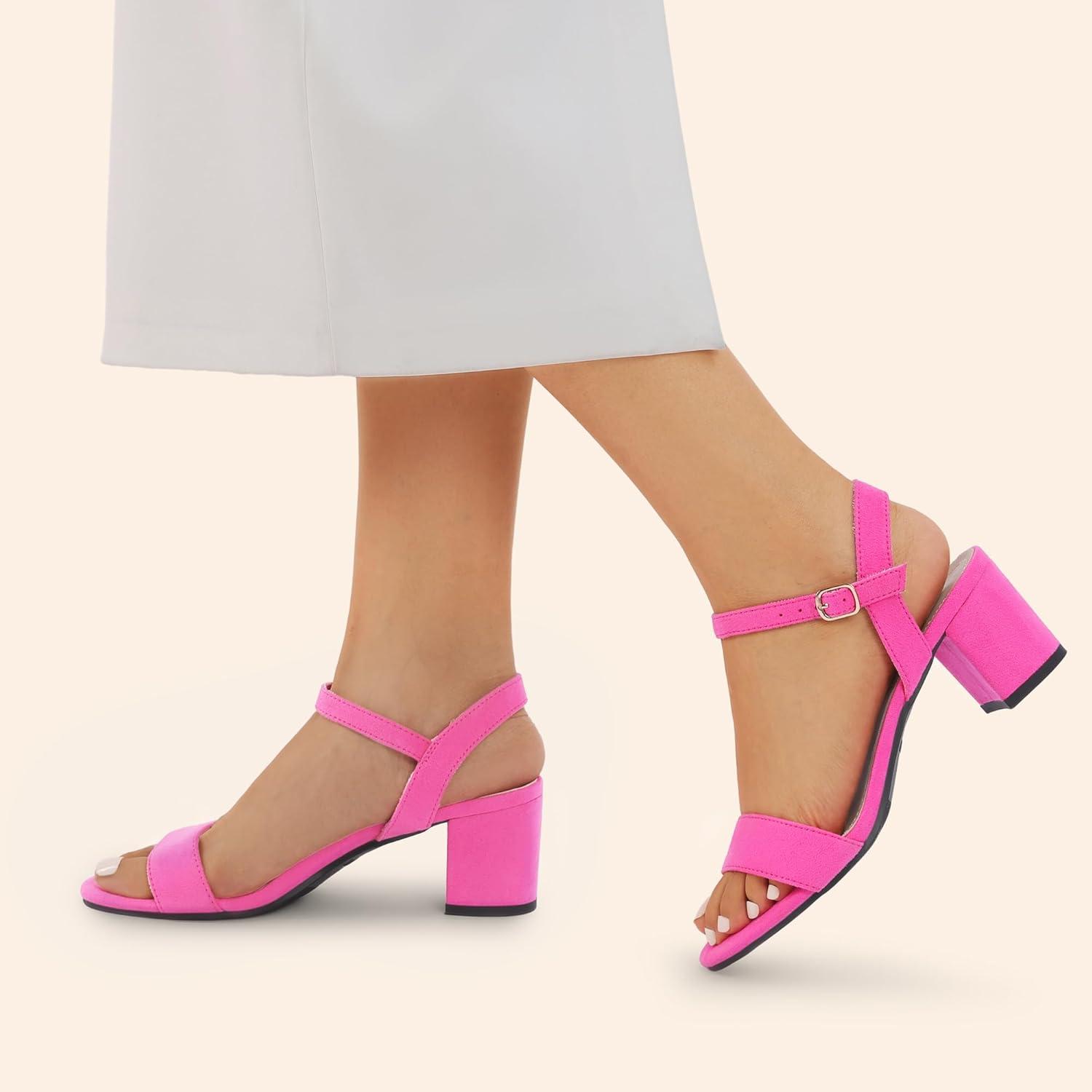 imageDREAM PAIRS Womens Low Heels Block Open Toe Ankle Strap Classic Short Chunky Sandals with Buckle for Daily Work Wedding PartyHot Pinksuede