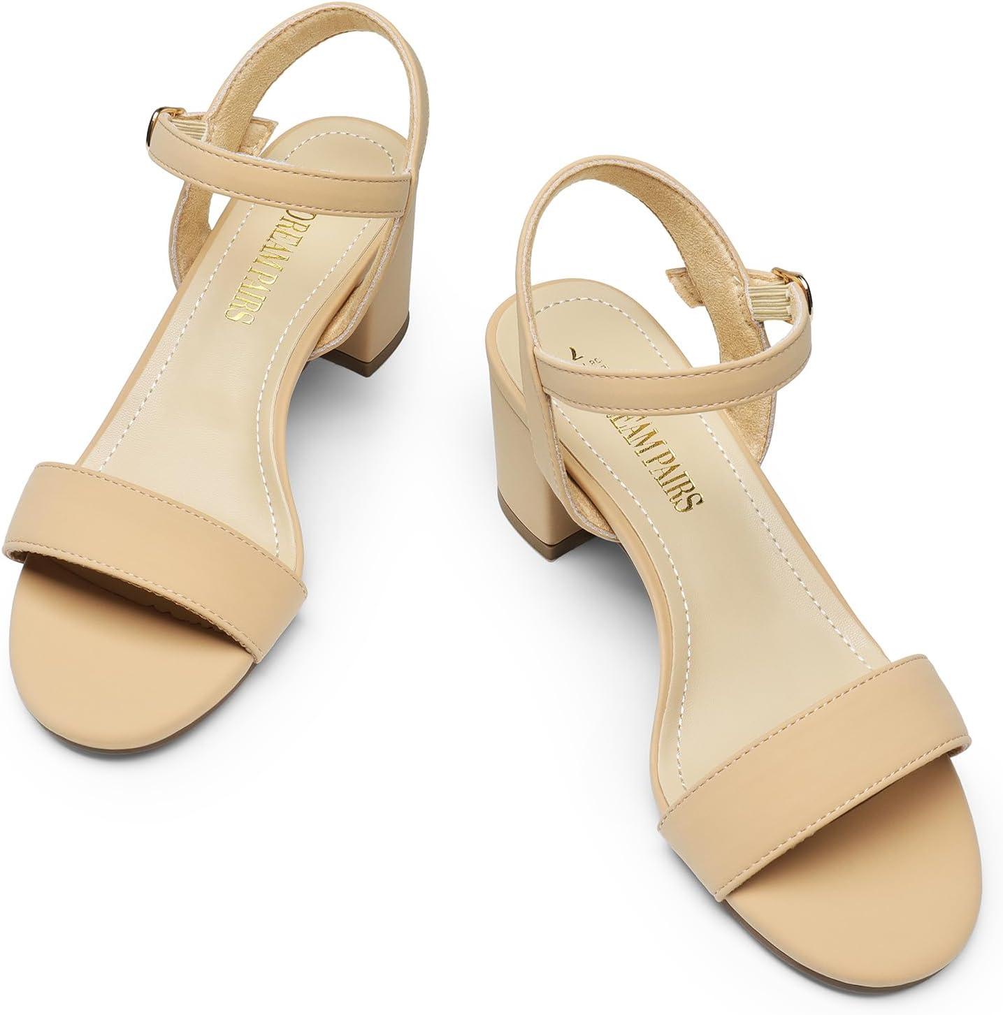 imageDREAM PAIRS Womens Low Heels Block Open Toe Ankle Strap Classic Short Chunky Sandals with Buckle for Daily Work Wedding PartyNude Pu