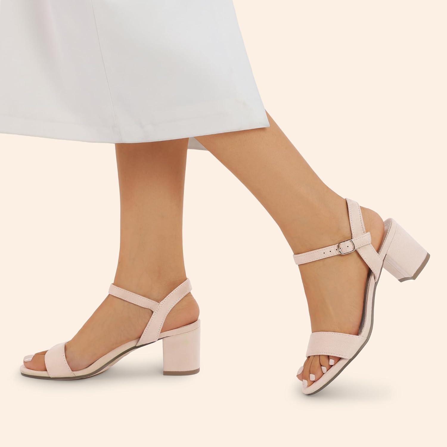 imageDREAM PAIRS Womens Low Heels Block Open Toe Ankle Strap Classic Short Chunky Sandals with Buckle for Daily Work Wedding PartyNudesuede