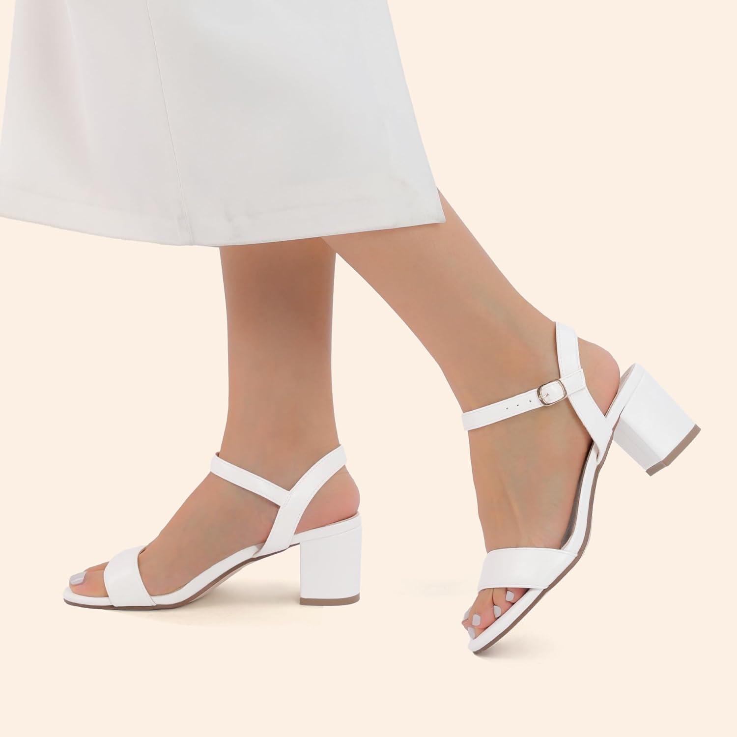 imageDREAM PAIRS Womens Low Heels Block Open Toe Ankle Strap Classic Short Chunky Sandals with Buckle for Daily Work Wedding PartyWhitepu