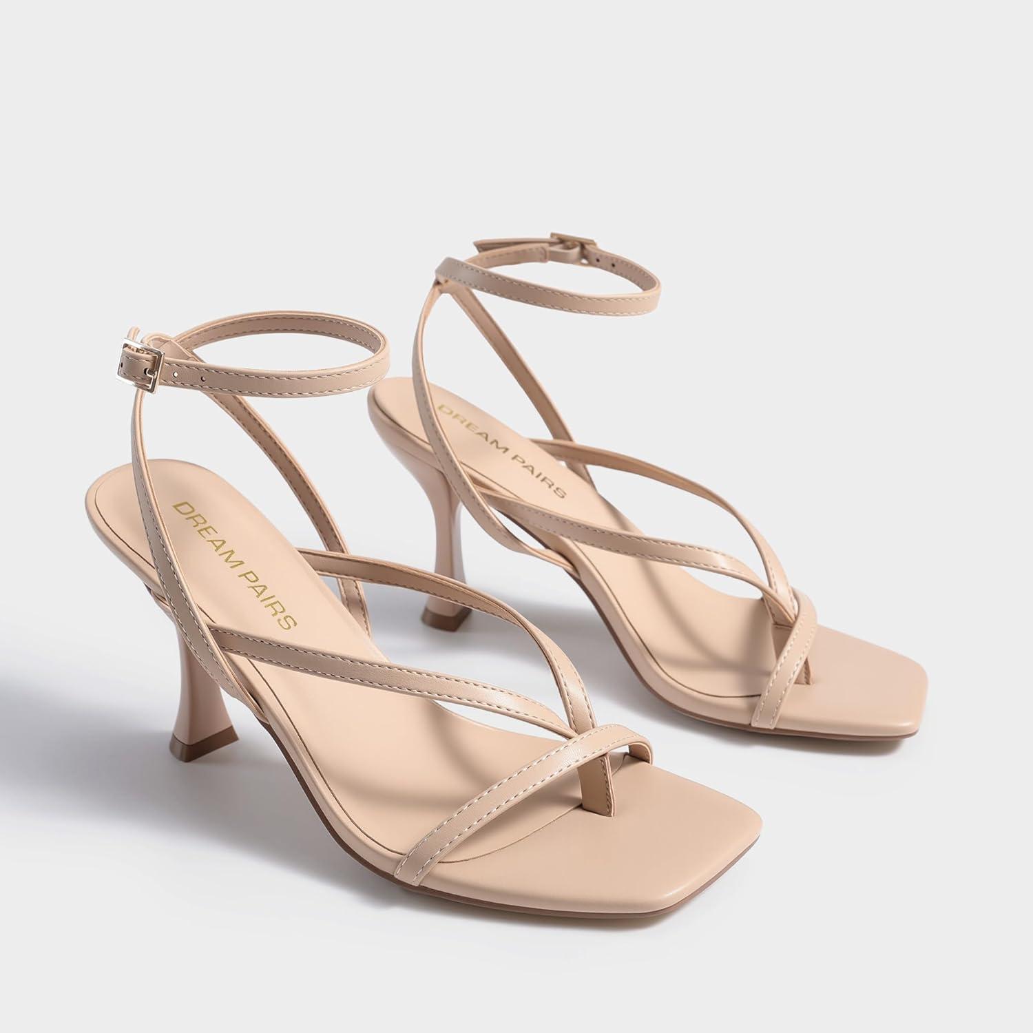 imageDREAM PAIRS Womens Low Kitten Heels Strappy Design with Lace Up Open Square Toe Thong Ankle Strap Shoes Fashionable Sexy Sylvestra Heeled Sandals for Dressy OccasionsNude