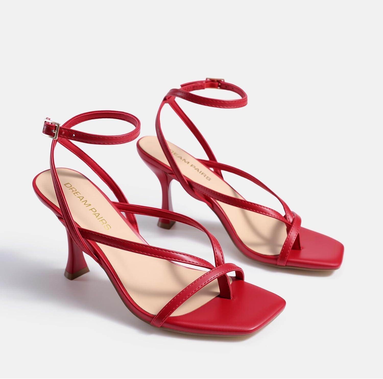 imageDREAM PAIRS Womens Low Kitten Heels Strappy Design with Lace Up Open Square Toe Thong Ankle Strap Shoes Fashionable Sexy Sylvestra Heeled Sandals for Dressy OccasionsRed