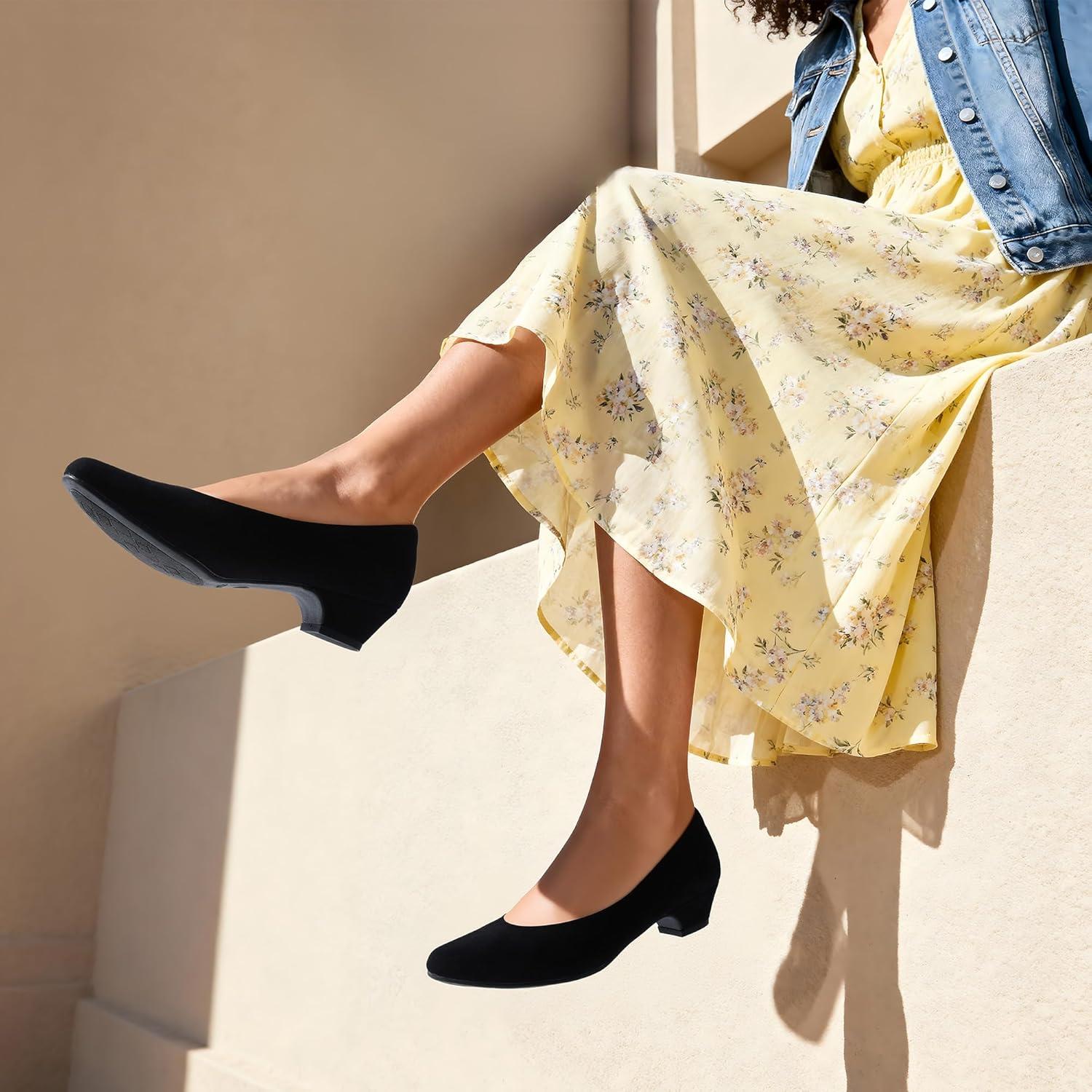 imageDREAM PAIRS Womens Mila Low Chunky Heel Pump ShoesBlackSuede