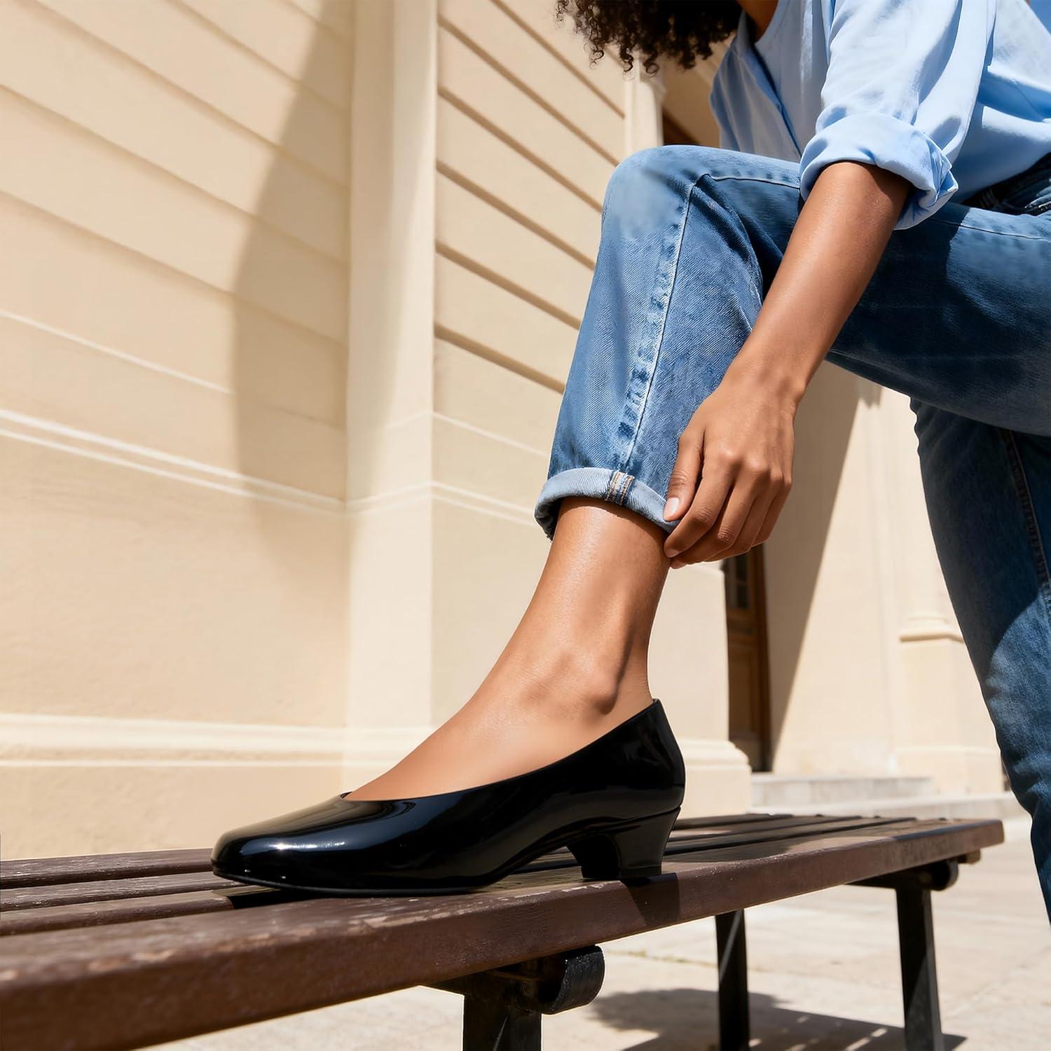 imageDREAM PAIRS Womens Mila Low Chunky Heel Pump ShoesBlackpat