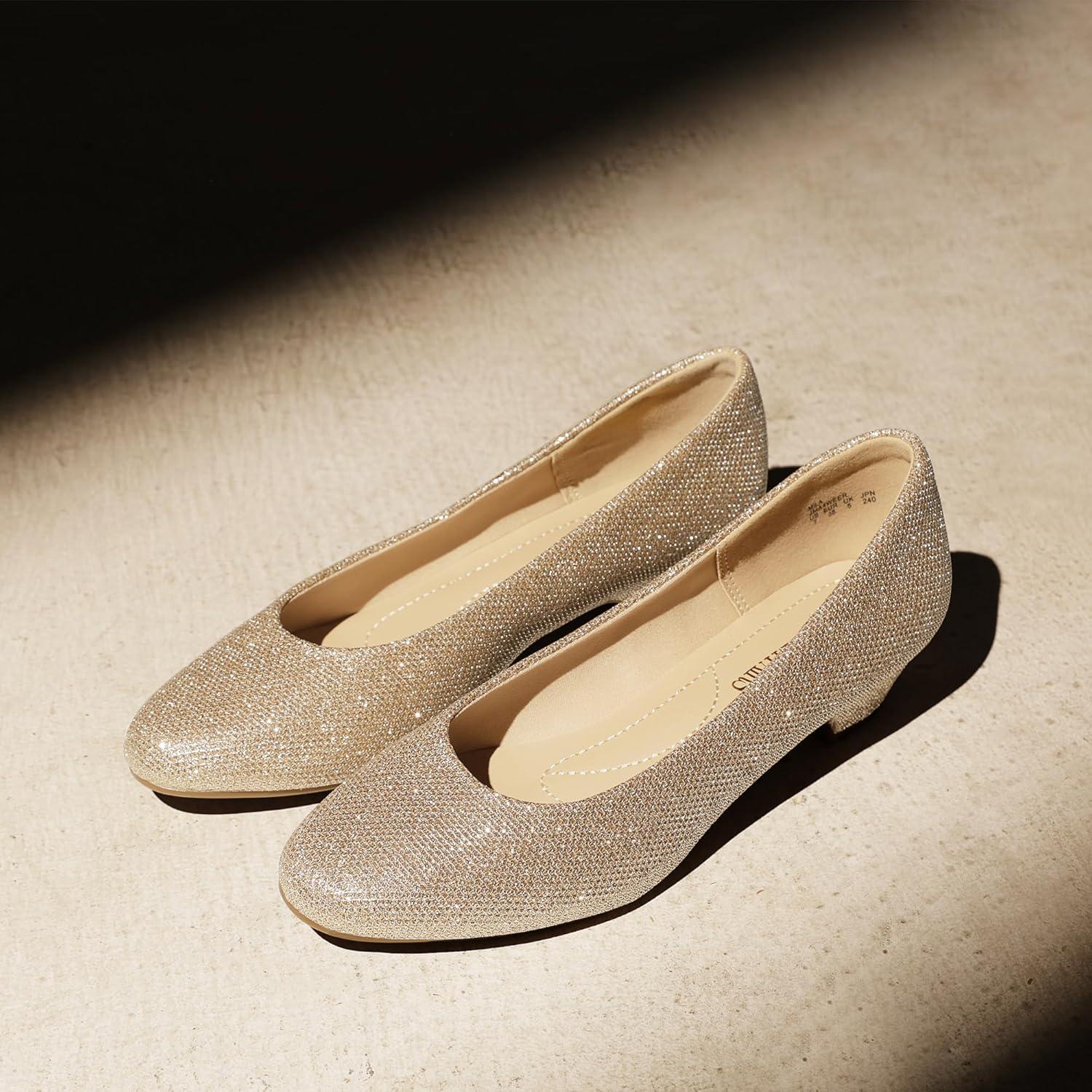 imageDREAM PAIRS Womens Mila Low Chunky Heel Pump ShoesGoldGlitter