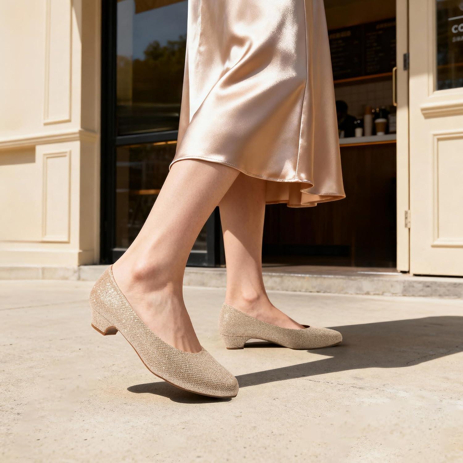 imageDREAM PAIRS Womens Mila Low Chunky Heel Pump ShoesGoldGlitter