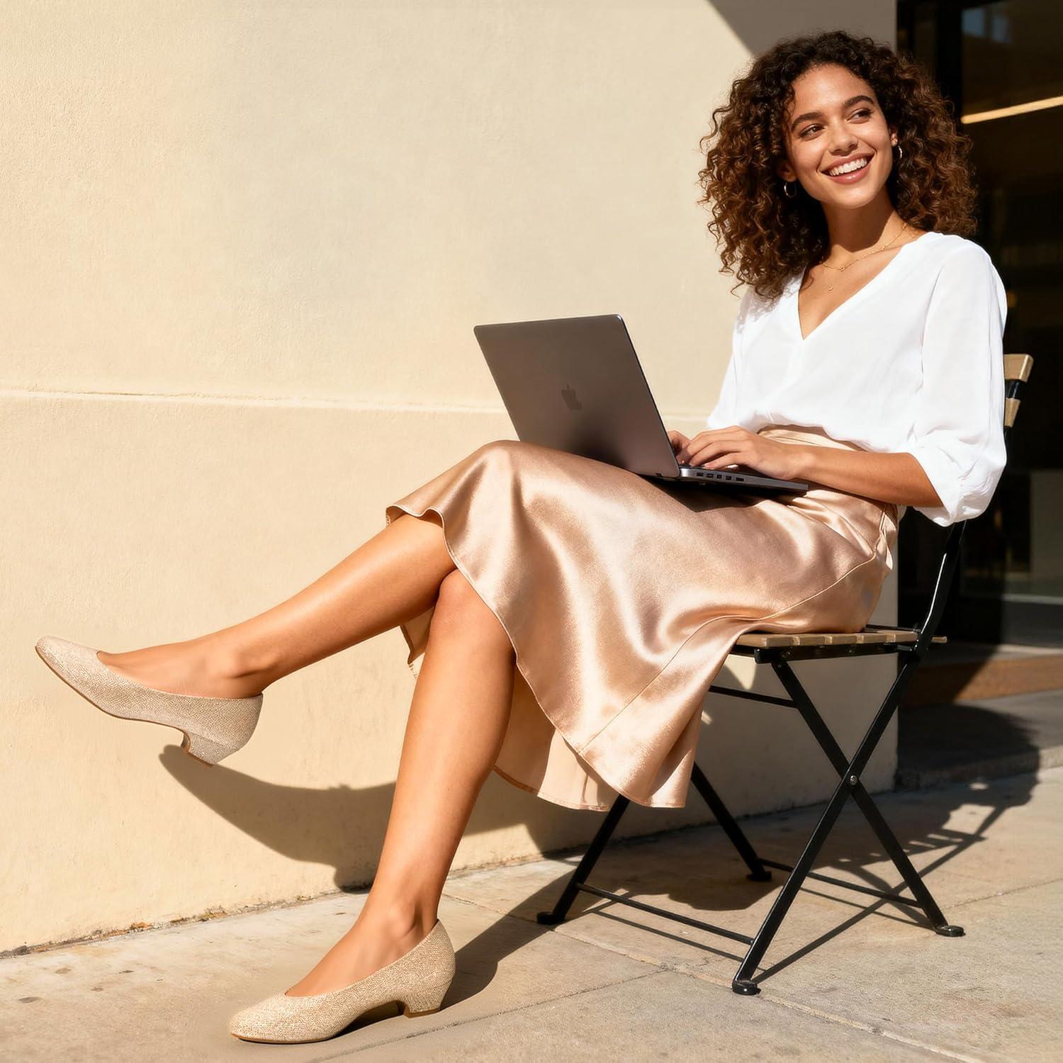 imageDREAM PAIRS Womens Mila Low Chunky Heel Pump ShoesGoldGlitter