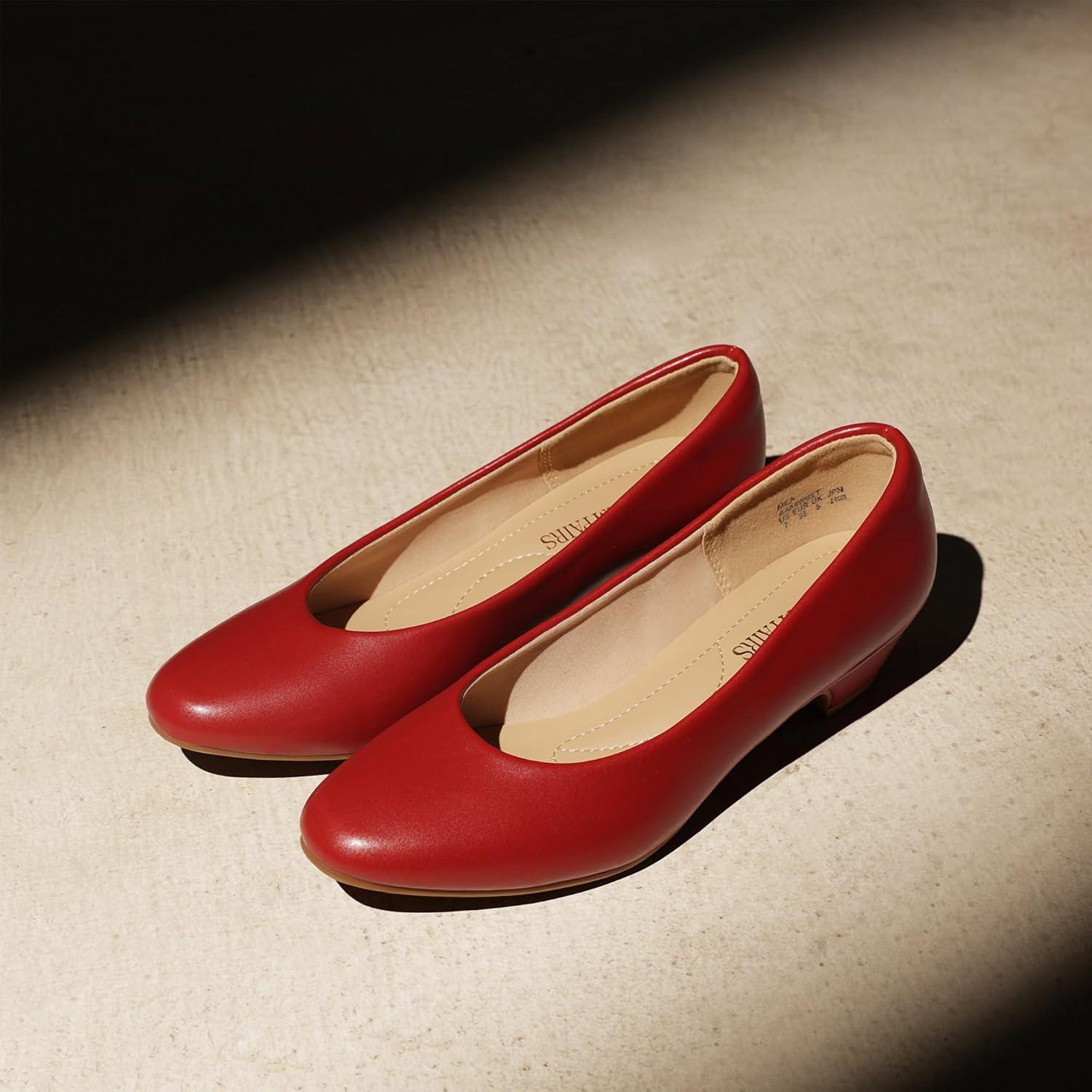 imageDREAM PAIRS Womens Mila Low Chunky Heel Pump ShoesRedPu