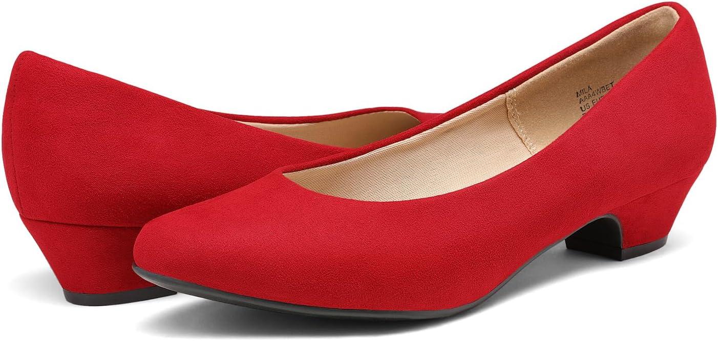 imageDREAM PAIRS Womens Mila Low Chunky Heel Pump ShoesRedSuede