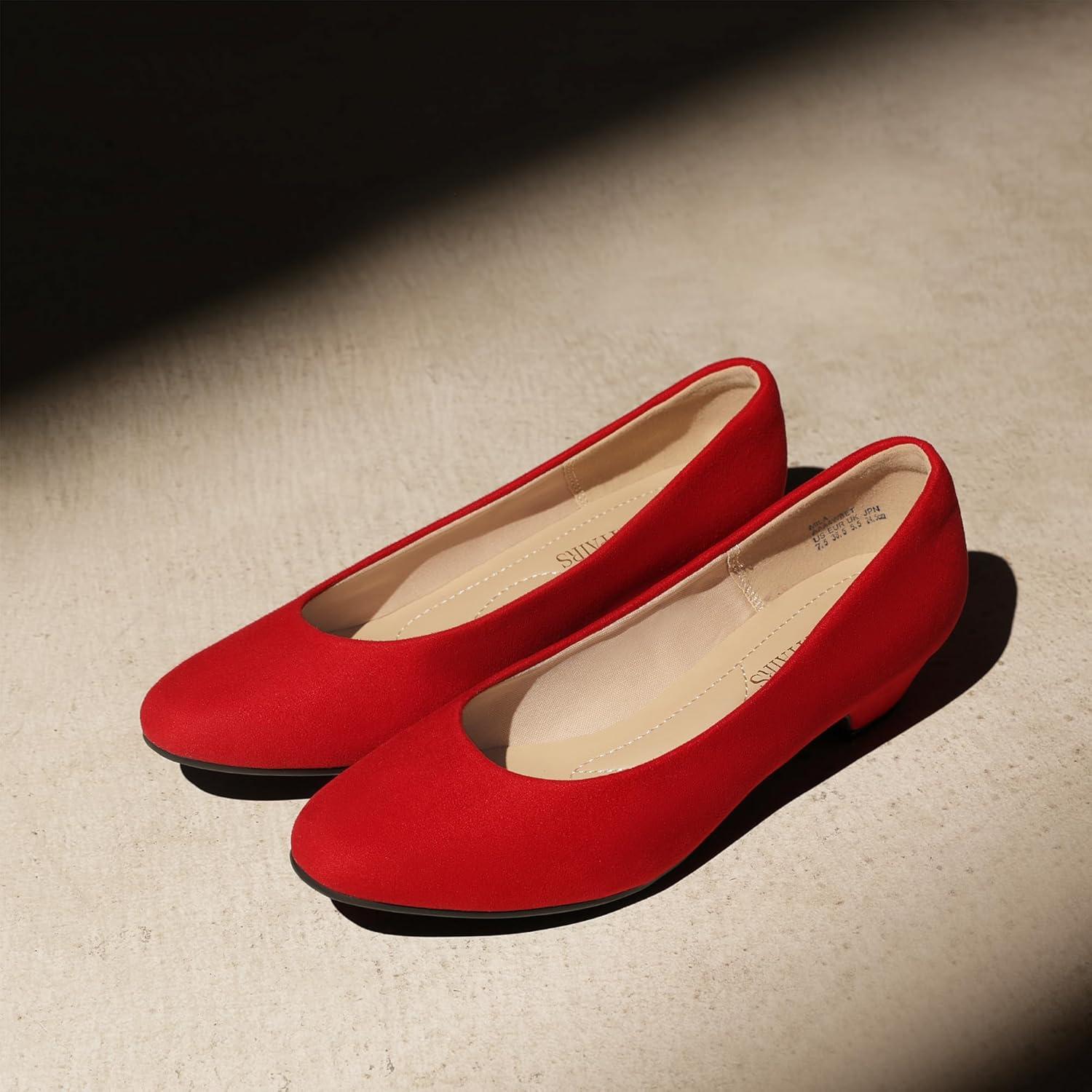 imageDREAM PAIRS Womens Mila Low Chunky Heel Pump ShoesRedSuede