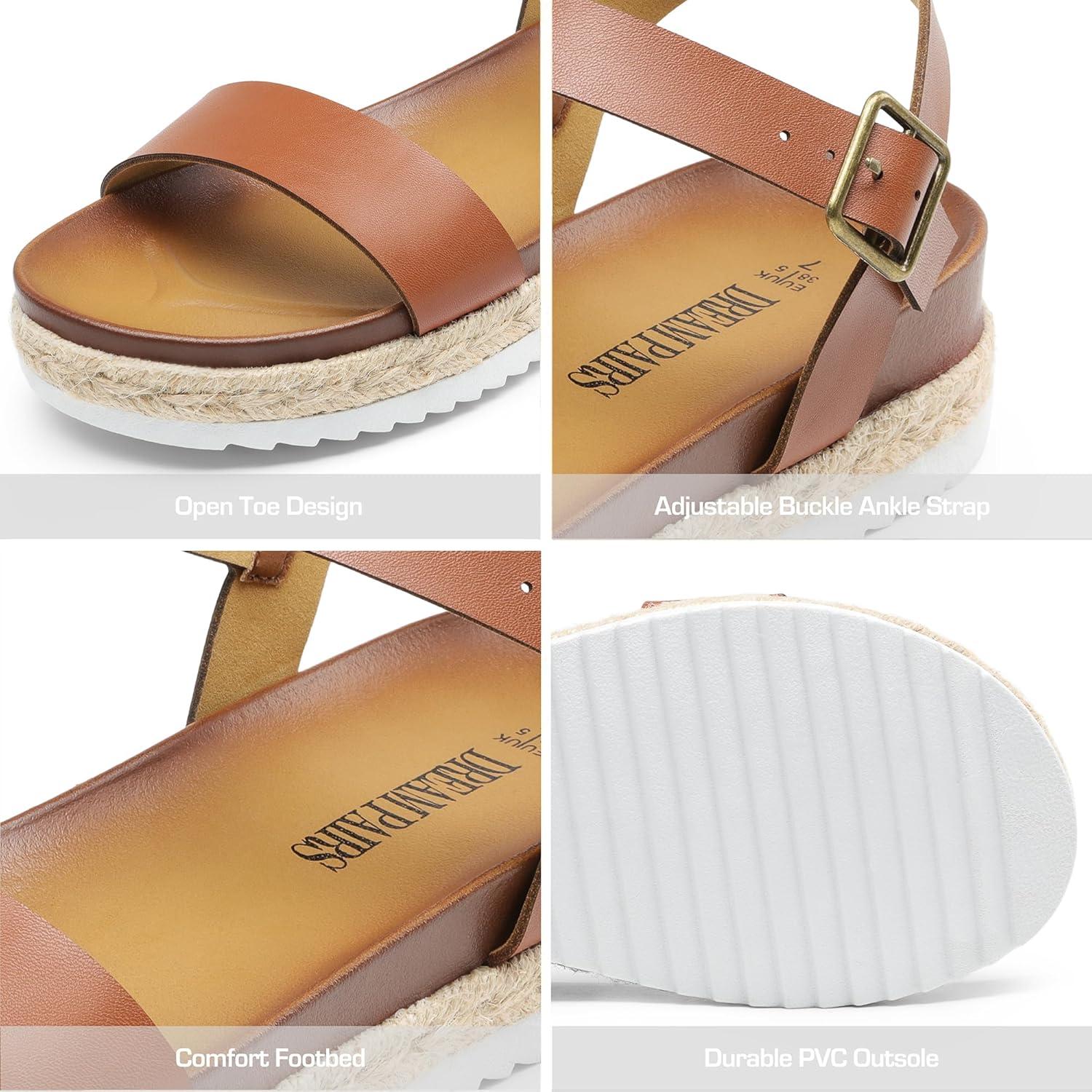 imageDREAM PAIRS Womens Open Toe Ankle Strap Espadrille Casual Flatform Platform Wedge SandalsBrownpu