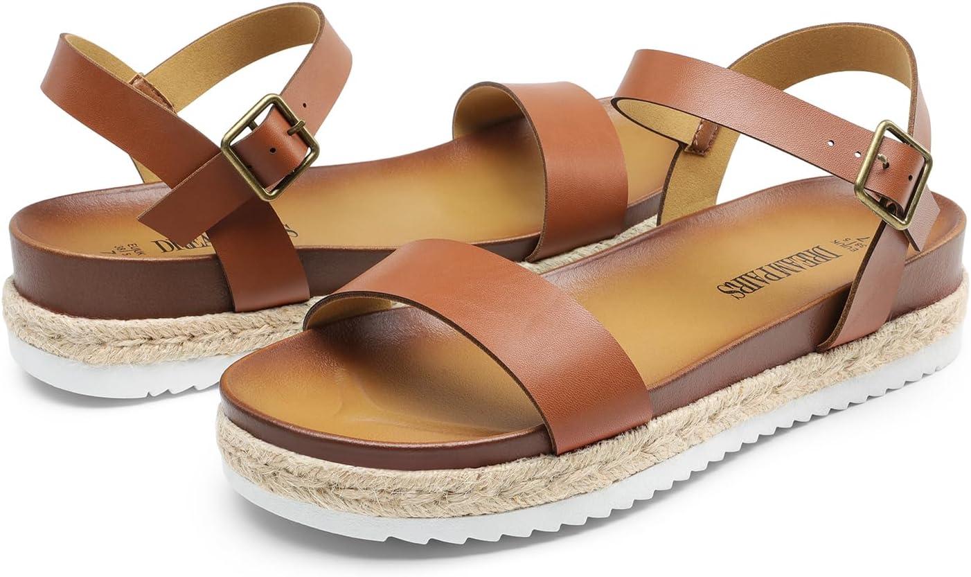 imageDREAM PAIRS Womens Open Toe Ankle Strap Espadrille Casual Flatform Platform Wedge SandalsBrownpu