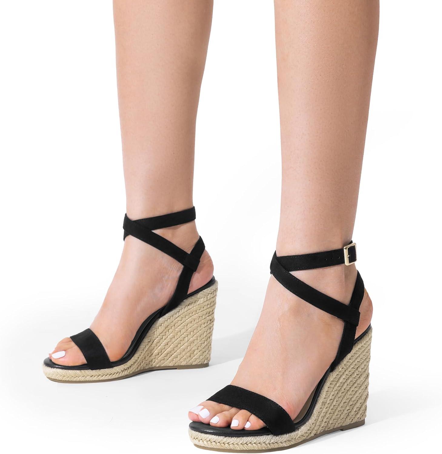 imageDREAM PAIRS Womens Open Toe Espadrilles Dressy Platform Sandals Buckle Ankle Strap Stylish Wedges SandalsBlackSuede