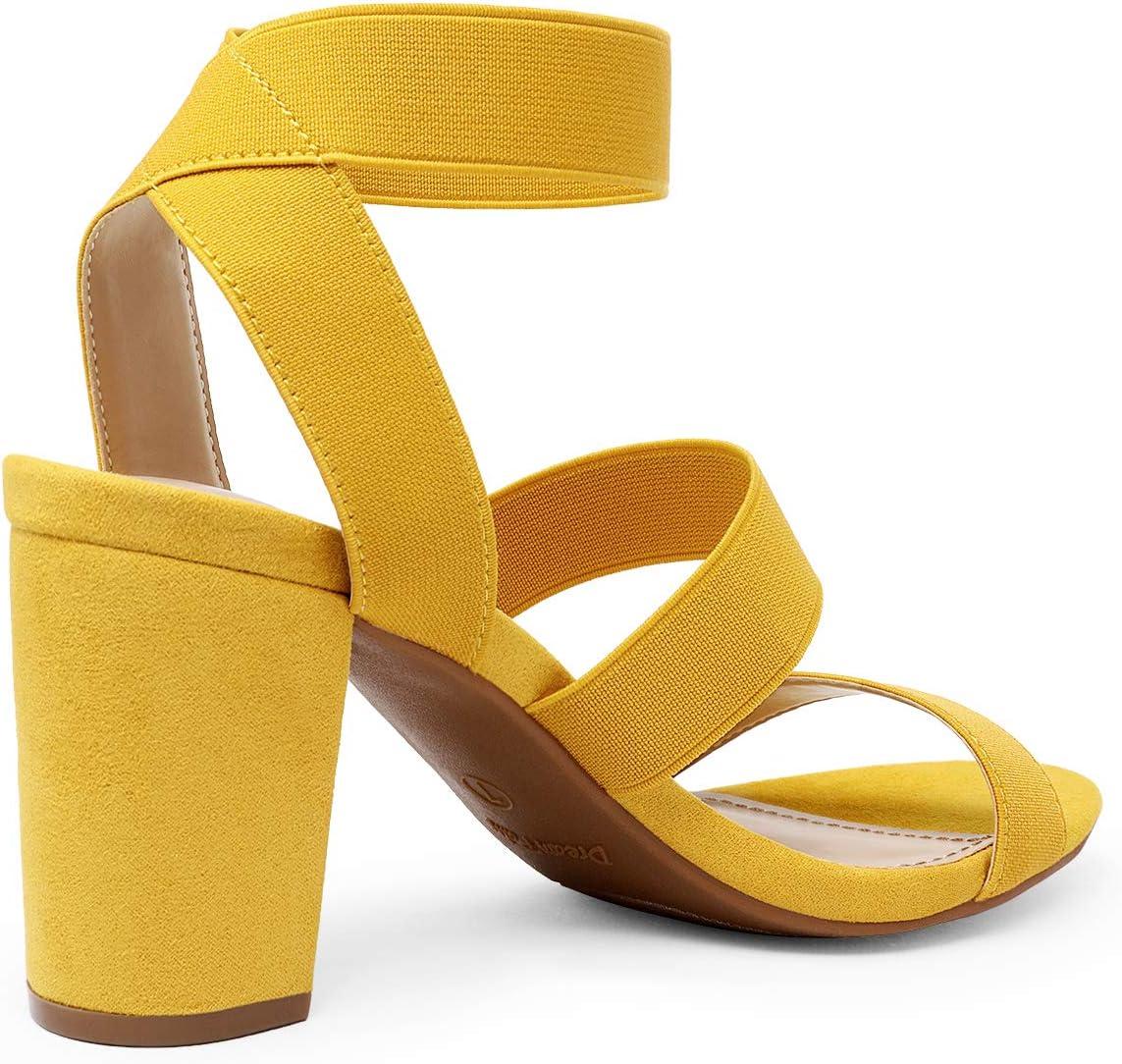 imageDREAM PAIRS Womens Open Toe High Chunky Elastic Strap Dress Heel SandalsMustardYellow