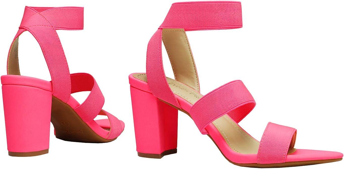 imageDREAM PAIRS Womens Open Toe High Chunky Elastic Strap Dress Heel SandalsNeonPink