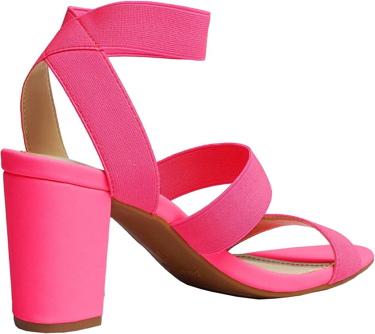 imageDREAM PAIRS Womens Open Toe High Chunky Elastic Strap Dress Heel SandalsNeonPink