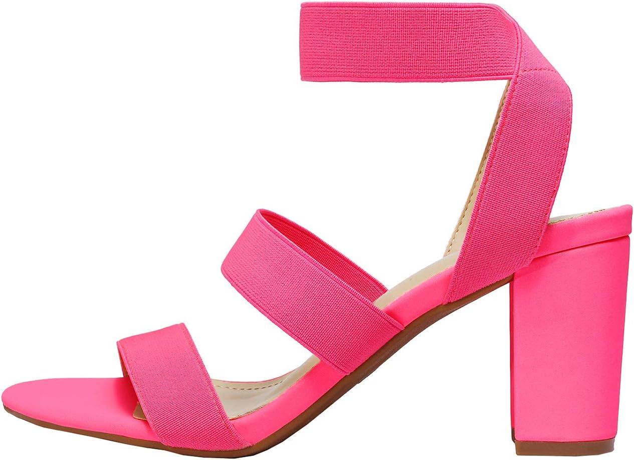 imageDREAM PAIRS Womens Open Toe High Chunky Elastic Strap Dress Heel SandalsNeonPink