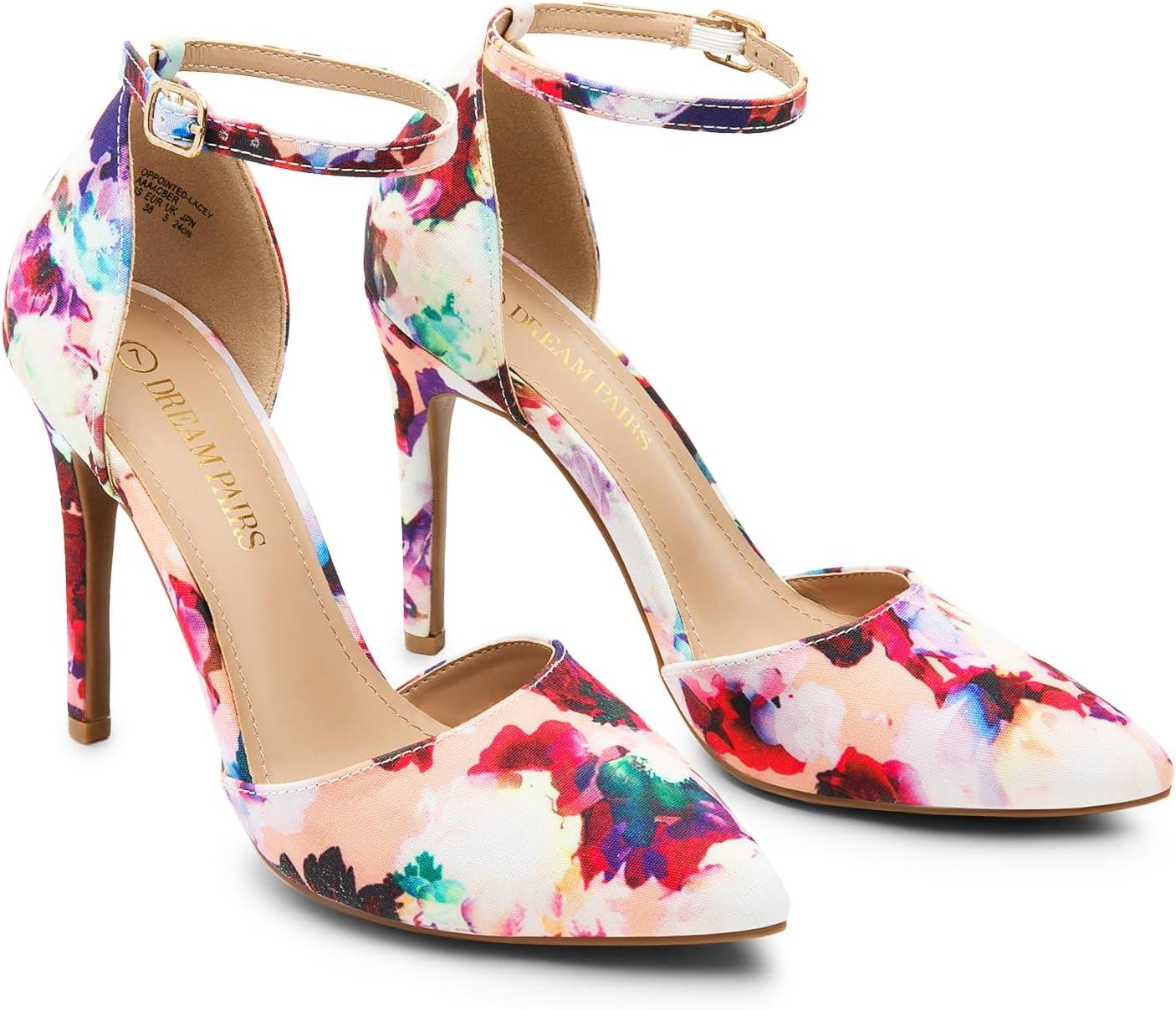 imageDREAM PAIRS Womens OppointedLacey Pointed Toe Ankle Strap High Heel Stiletto Pumps Wedding Dress ShoesFloral