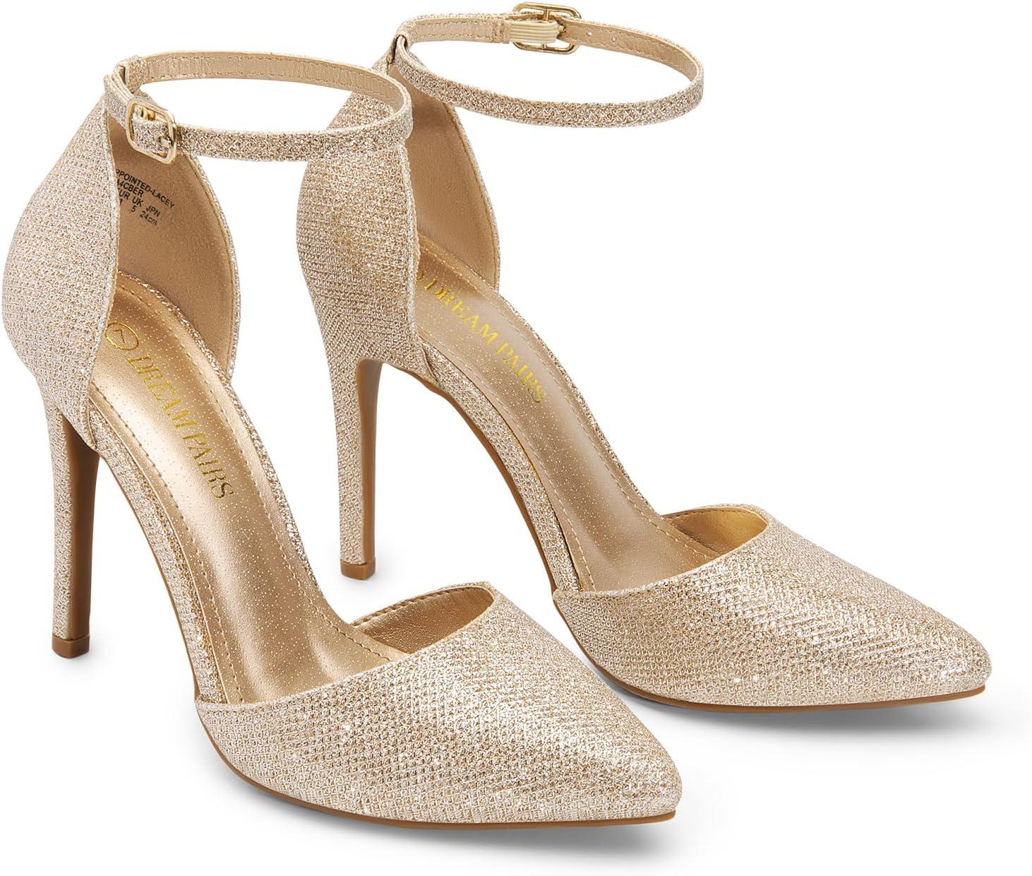 imageDREAM PAIRS Womens OppointedLacey Pointed Toe Ankle Strap High Heel Stiletto Pumps Wedding Dress ShoesGoldGlitter