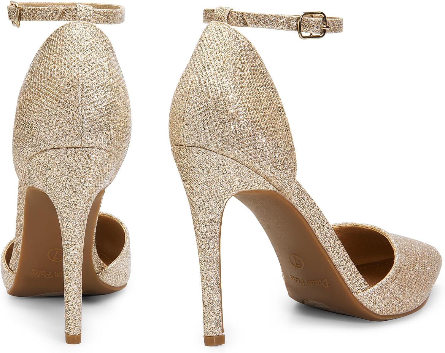 imageDREAM PAIRS Womens OppointedLacey Pointed Toe Ankle Strap High Heel Stiletto Pumps Wedding Dress ShoesGoldGlitter