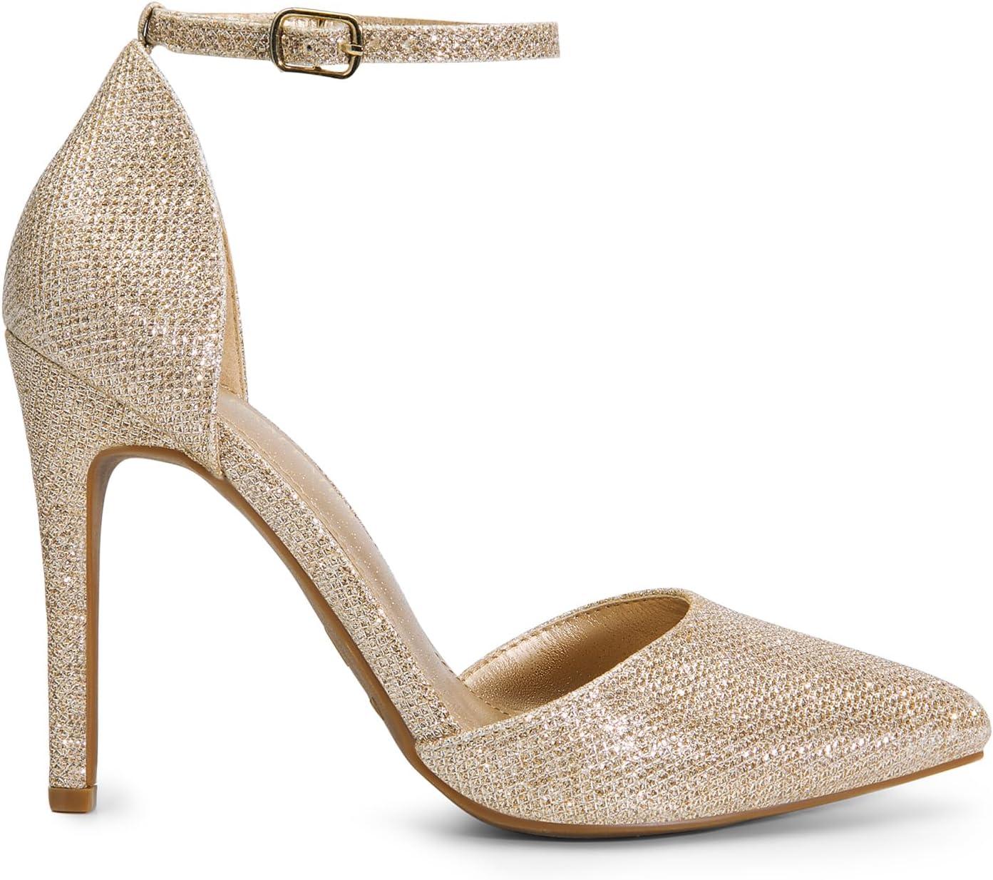 imageDREAM PAIRS Womens OppointedLacey Pointed Toe Ankle Strap High Heel Stiletto Pumps Wedding Dress ShoesGoldGlitter
