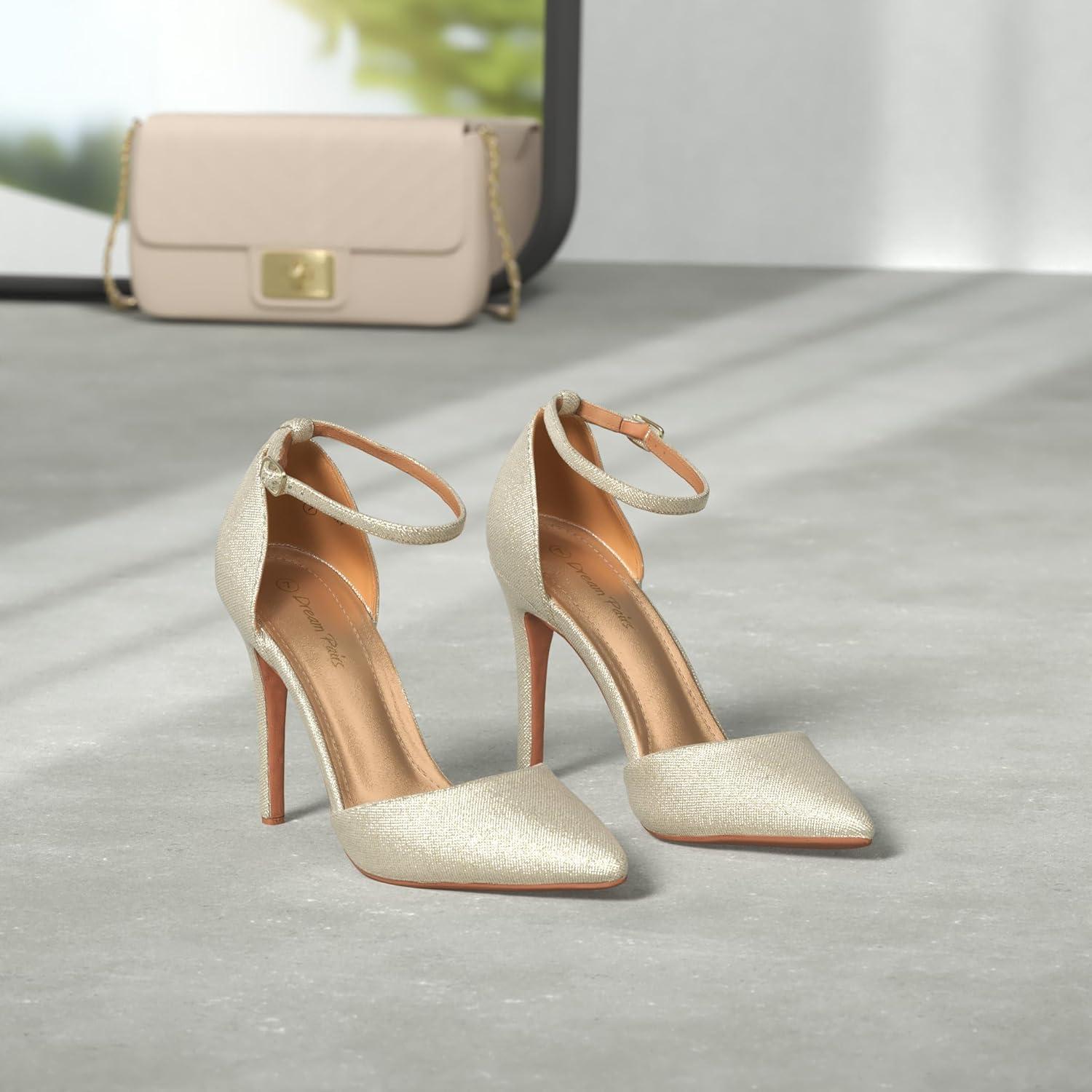 imageDREAM PAIRS Womens OppointedLacey Pointed Toe Ankle Strap High Heel Stiletto Pumps Wedding Dress ShoesGoldGlitter