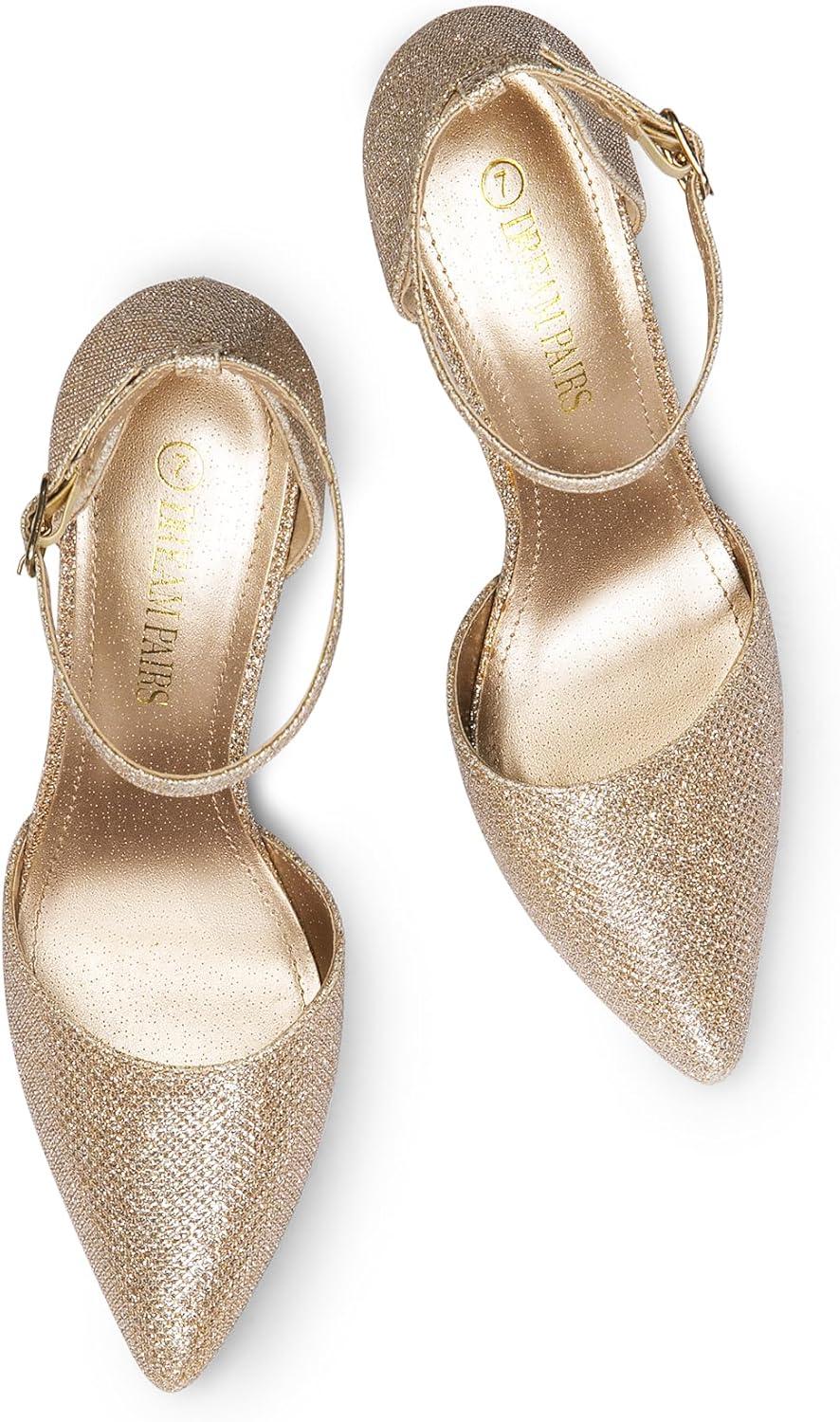 imageDREAM PAIRS Womens OppointedLacey Pointed Toe Ankle Strap High Heel Stiletto Pumps Wedding Dress ShoesGoldGlitter