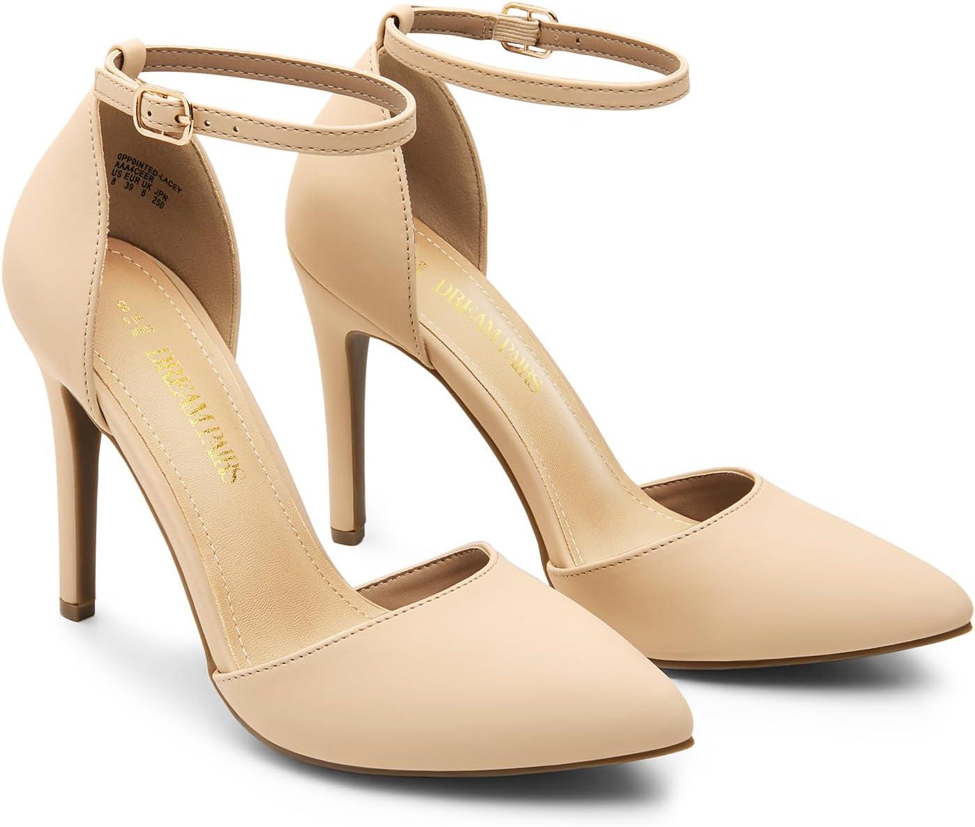 imageDREAM PAIRS Womens OppointedLacey Pointed Toe Ankle Strap High Heel Stiletto Pumps Wedding Dress ShoesNudeNubuck