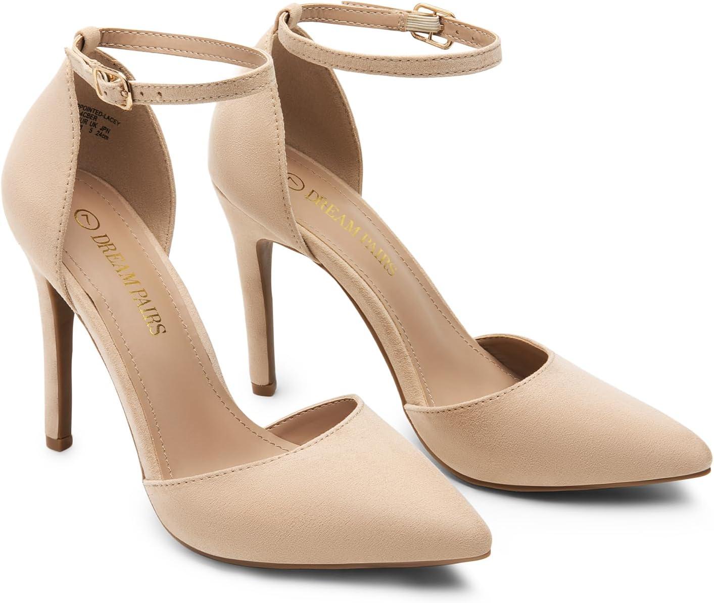 imageDREAM PAIRS Womens OppointedLacey Pointed Toe Ankle Strap High Heel Stiletto Pumps Wedding Dress ShoesNudeSuede