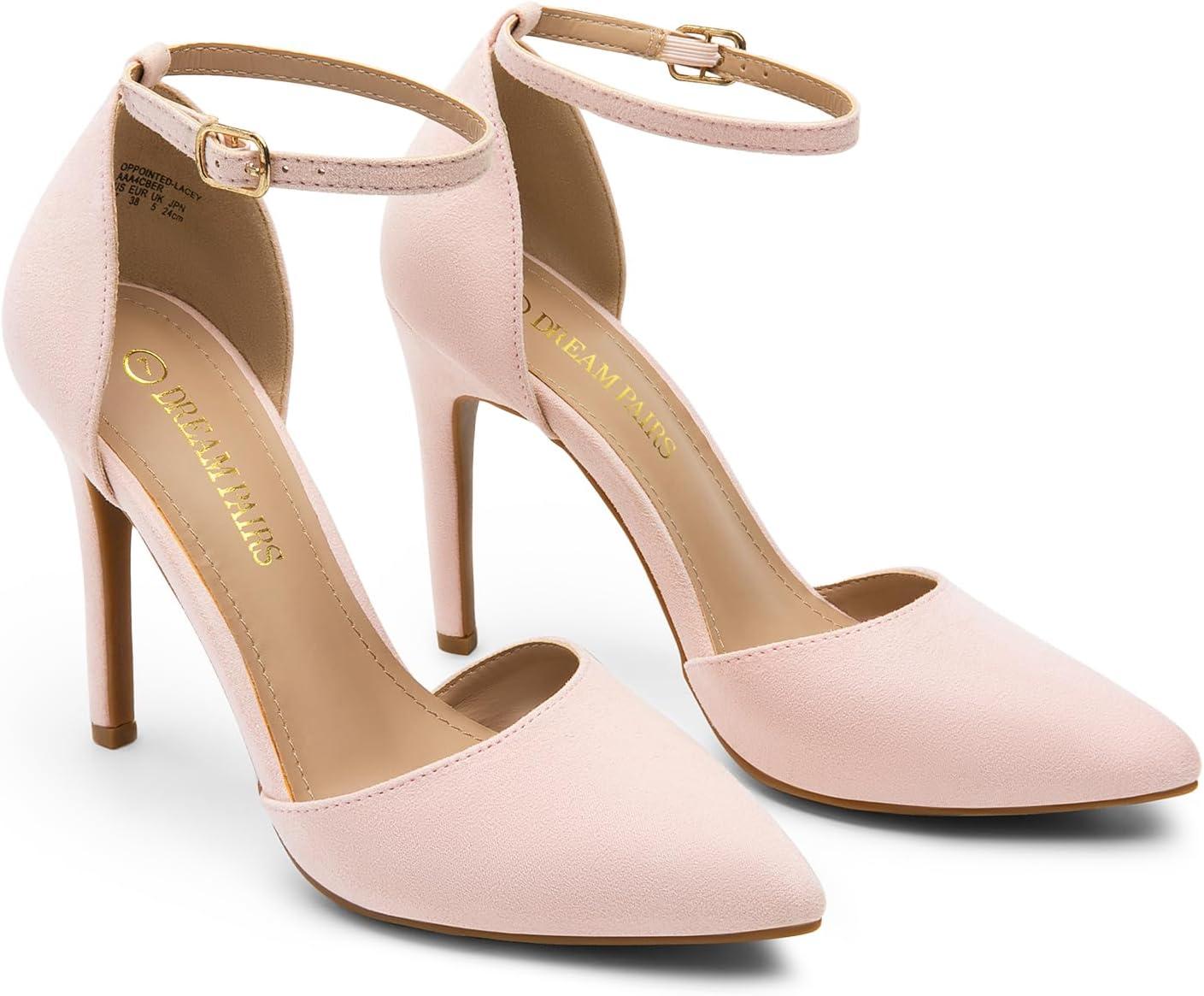 imageDREAM PAIRS Womens OppointedLacey Pointed Toe Ankle Strap High Heel Stiletto Pumps Wedding Dress ShoesPink