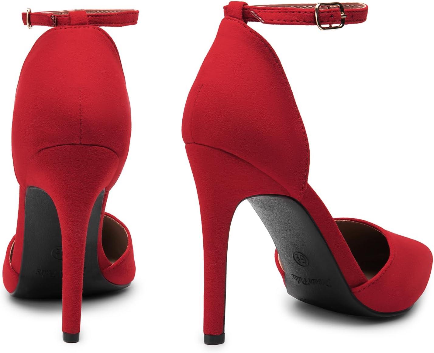 imageDREAM PAIRS Womens OppointedLacey Pointed Toe Ankle Strap High Heel Stiletto Pumps Wedding Dress ShoesRedSuede