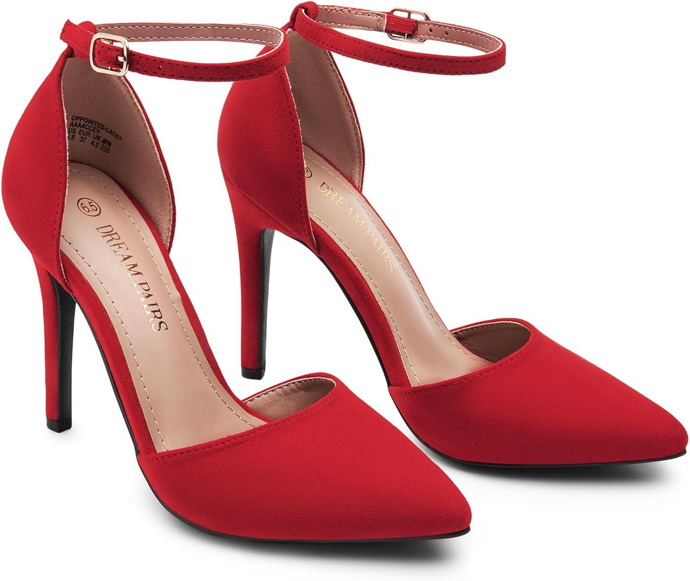 imageDREAM PAIRS Womens OppointedLacey Pointed Toe Ankle Strap High Heel Stiletto Pumps Wedding Dress ShoesRedSuede