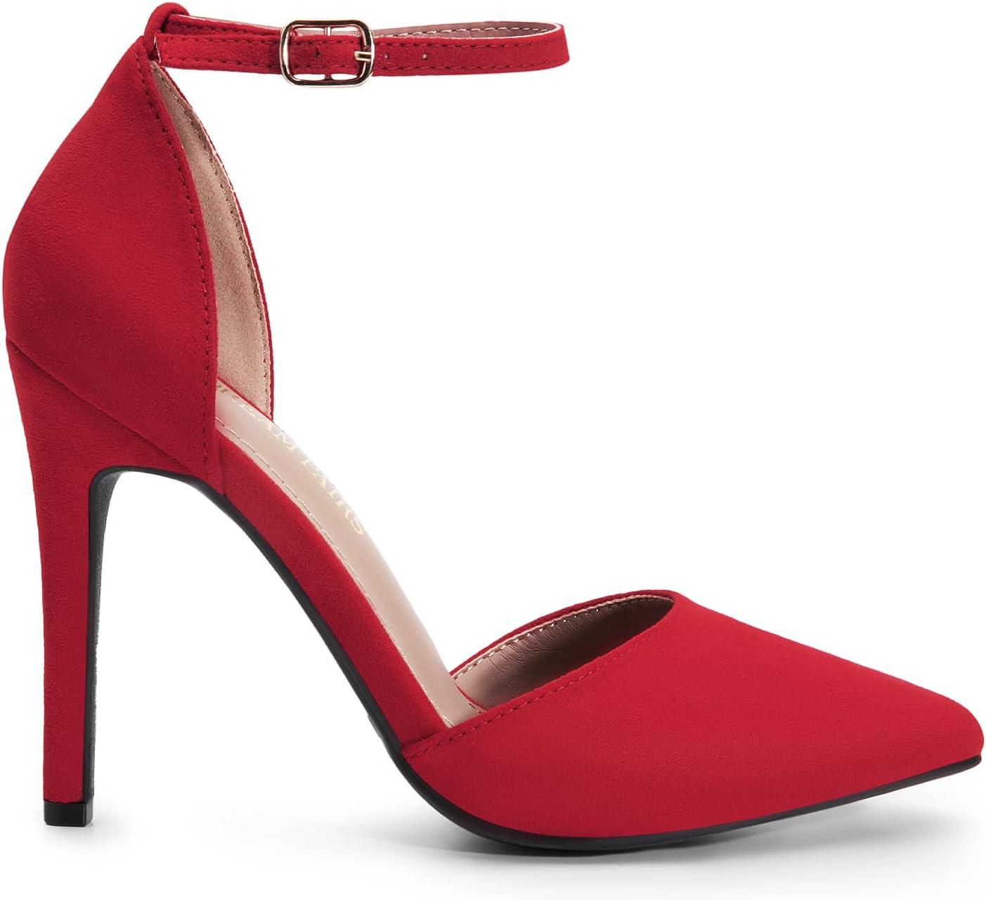 imageDREAM PAIRS Womens OppointedLacey Pointed Toe Ankle Strap High Heel Stiletto Pumps Wedding Dress ShoesRedSuede