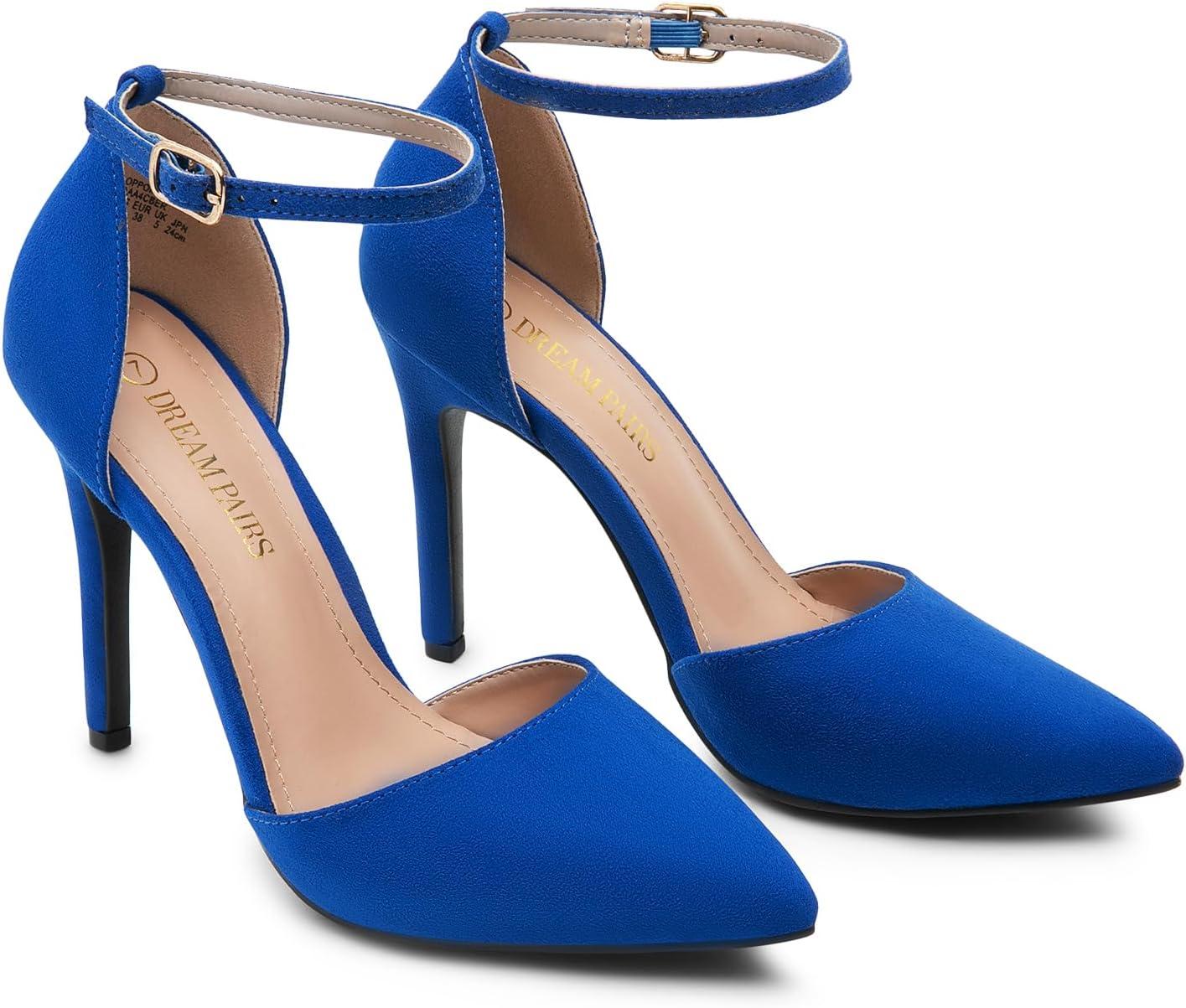 imageDREAM PAIRS Womens OppointedLacey Pointed Toe Ankle Strap High Heel Stiletto Pumps Wedding Dress ShoesRoyalBlue