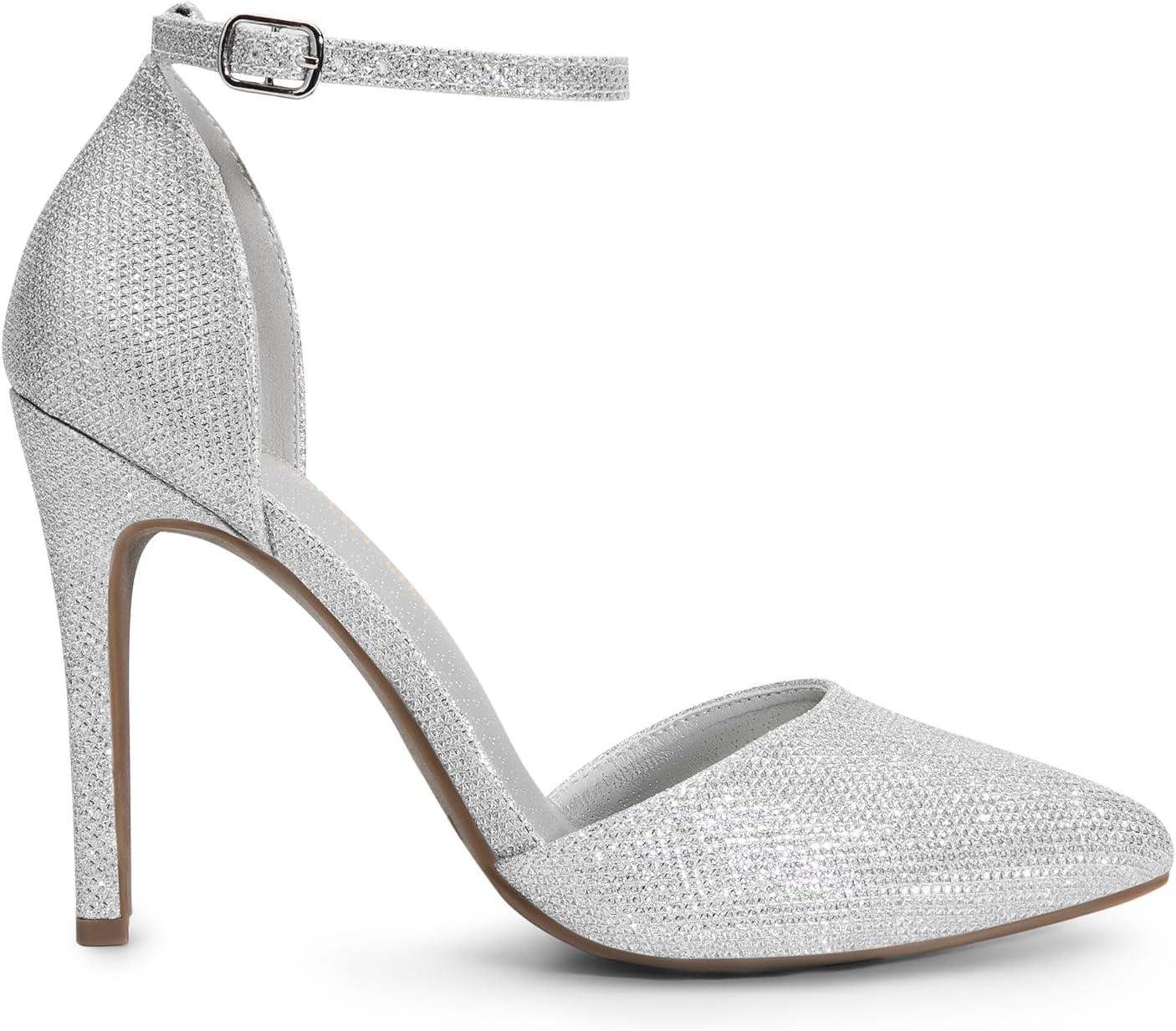 imageDREAM PAIRS Womens OppointedLacey Pointed Toe Ankle Strap High Heel Stiletto Pumps Wedding Dress ShoesSilverGlitter
