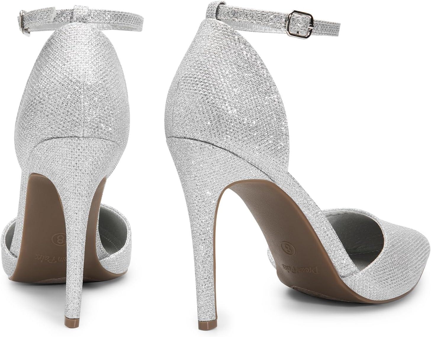 imageDREAM PAIRS Womens OppointedLacey Pointed Toe Ankle Strap High Heel Stiletto Pumps Wedding Dress ShoesSilverGlitter