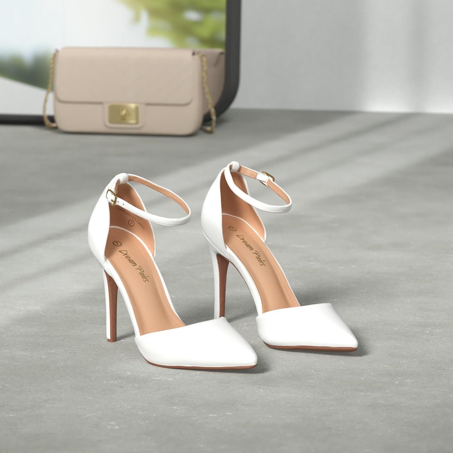 imageDREAM PAIRS Womens OppointedLacey Pointed Toe Ankle Strap High Heel Stiletto Pumps Wedding Dress ShoesWhitePu