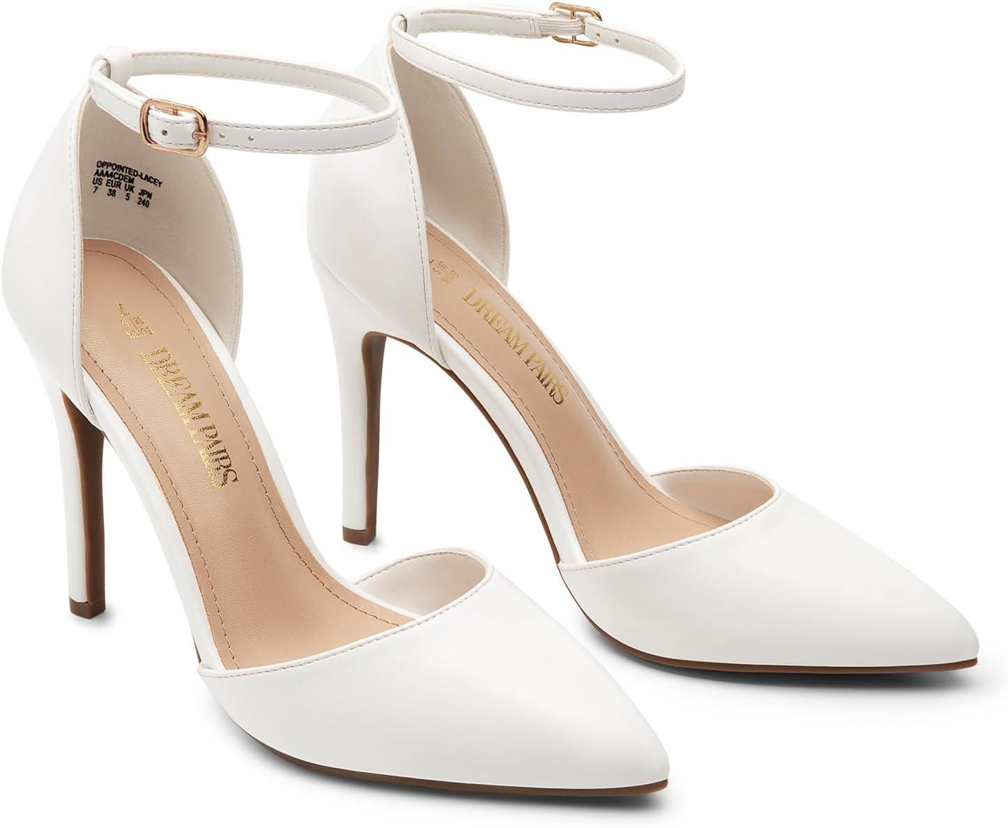 imageDREAM PAIRS Womens OppointedLacey Pointed Toe Ankle Strap High Heel Stiletto Pumps Wedding Dress ShoesWhitePu