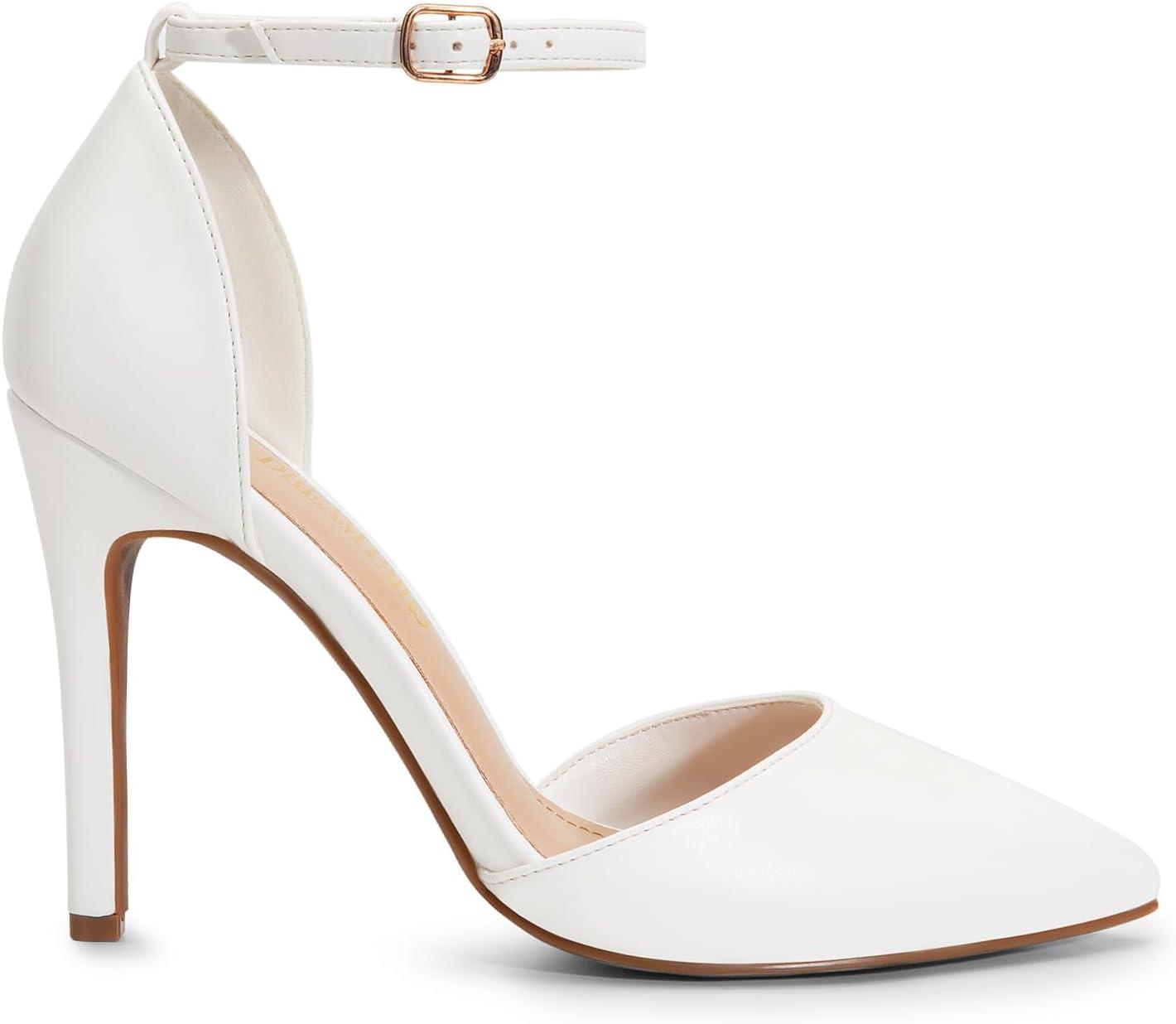 imageDREAM PAIRS Womens OppointedLacey Pointed Toe Ankle Strap High Heel Stiletto Pumps Wedding Dress ShoesWhitePu