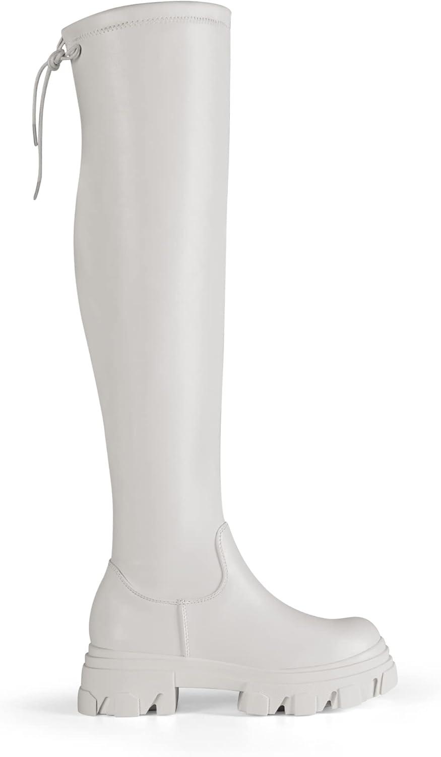 imageDREAM PAIRS Womens Over The Knee Platform Thigh High Boots Long Stretch Soft Chunky Lug Sole Fall BootsWhitePu